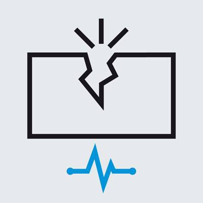 Ein Symbol zeigt eine gebrochene rechteckige Form mit einem Herzschlaglinien-Symbol darunter, was auf ein technisches Problem hinweist.