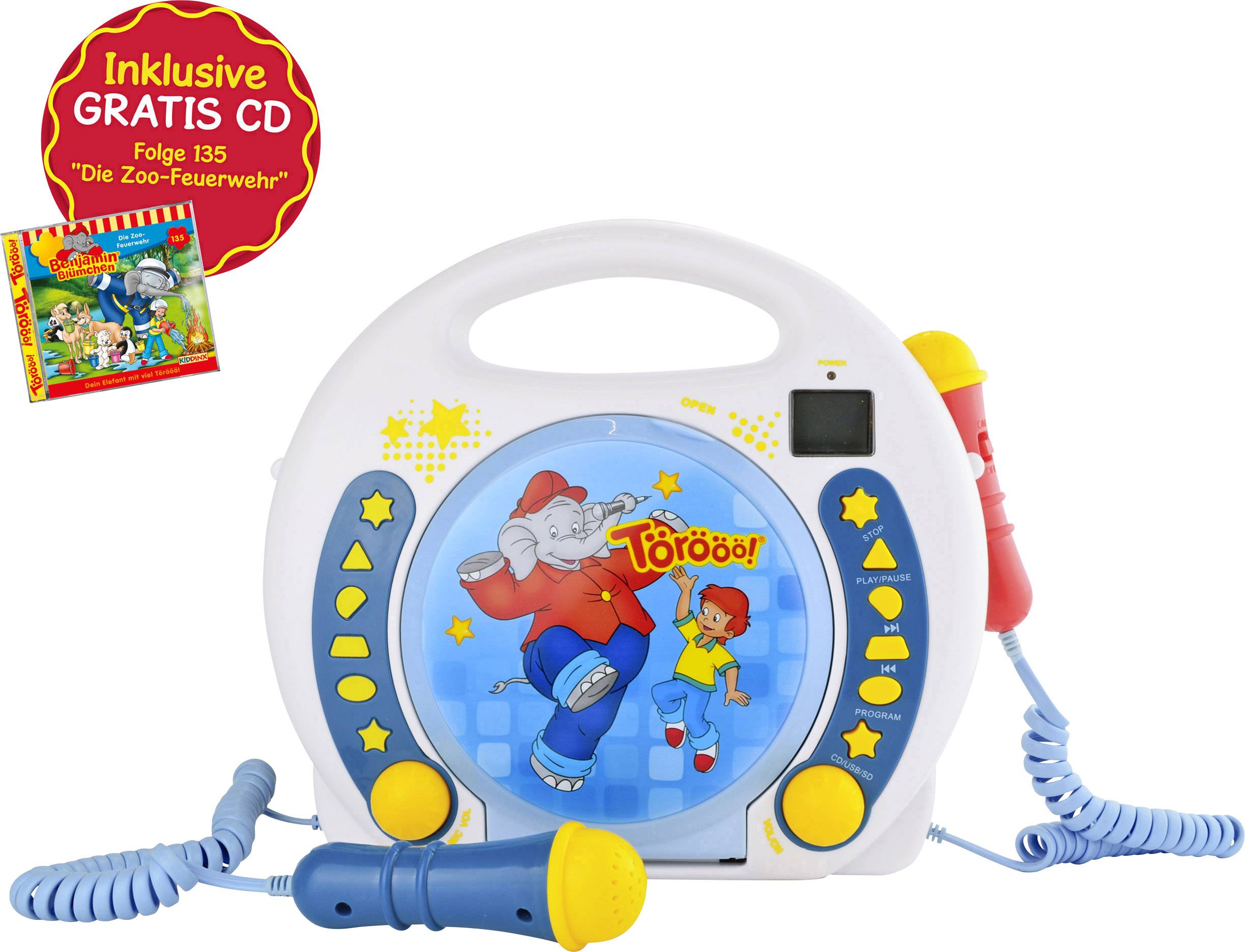 X4 Tech Bobby Joey Benjamin Blümchen Kinder CD-Player CD, SD, USB Inkl. Karaoke-Funktion, Inkl. Mikrofon Blau, Weiß