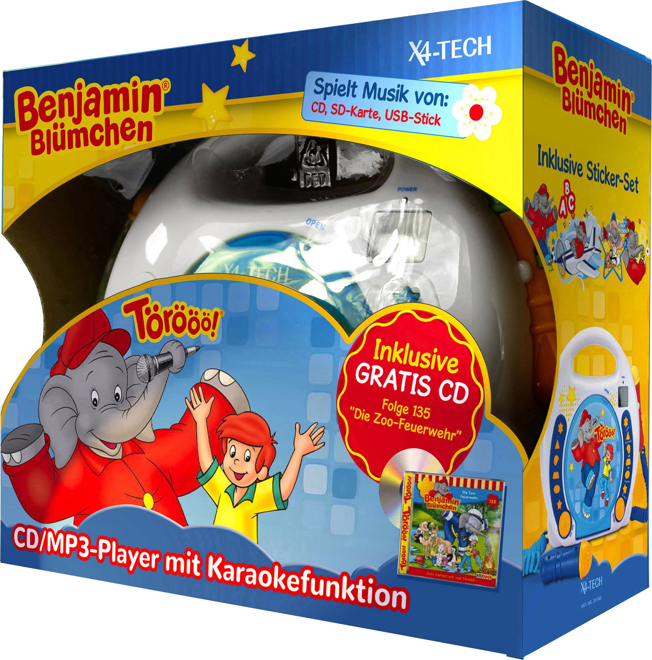 X4 Tech Bobby Joey Benjamin Blümchen Kinder CD-Player CD, SD, USB Inkl. Karaoke-Funktion, Inkl. Mikrofon Blau, Weiß