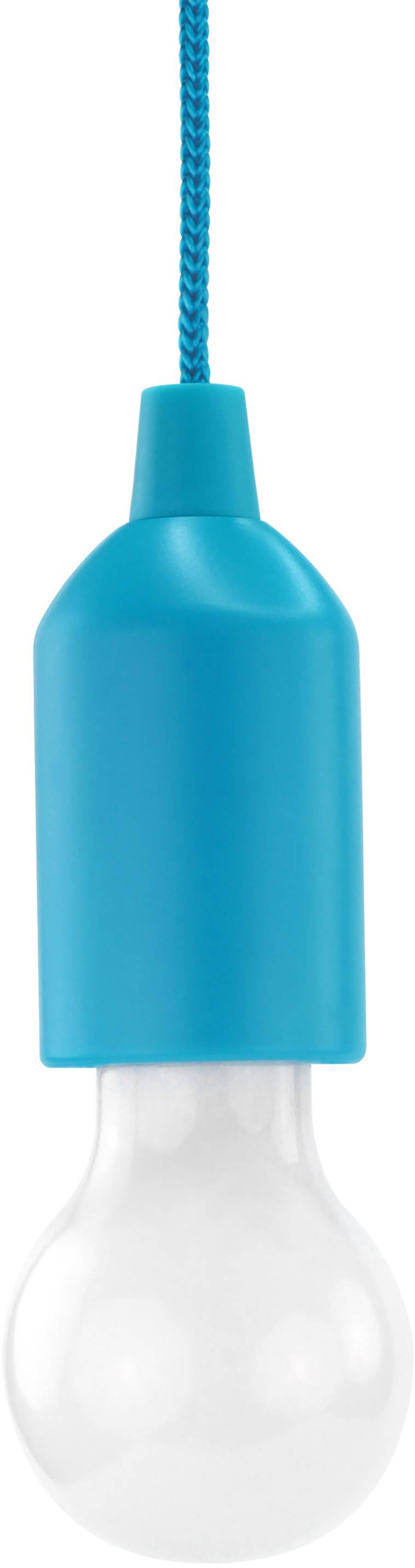Eine hängende Glühbirne mit blauer Fassung und Kabel.