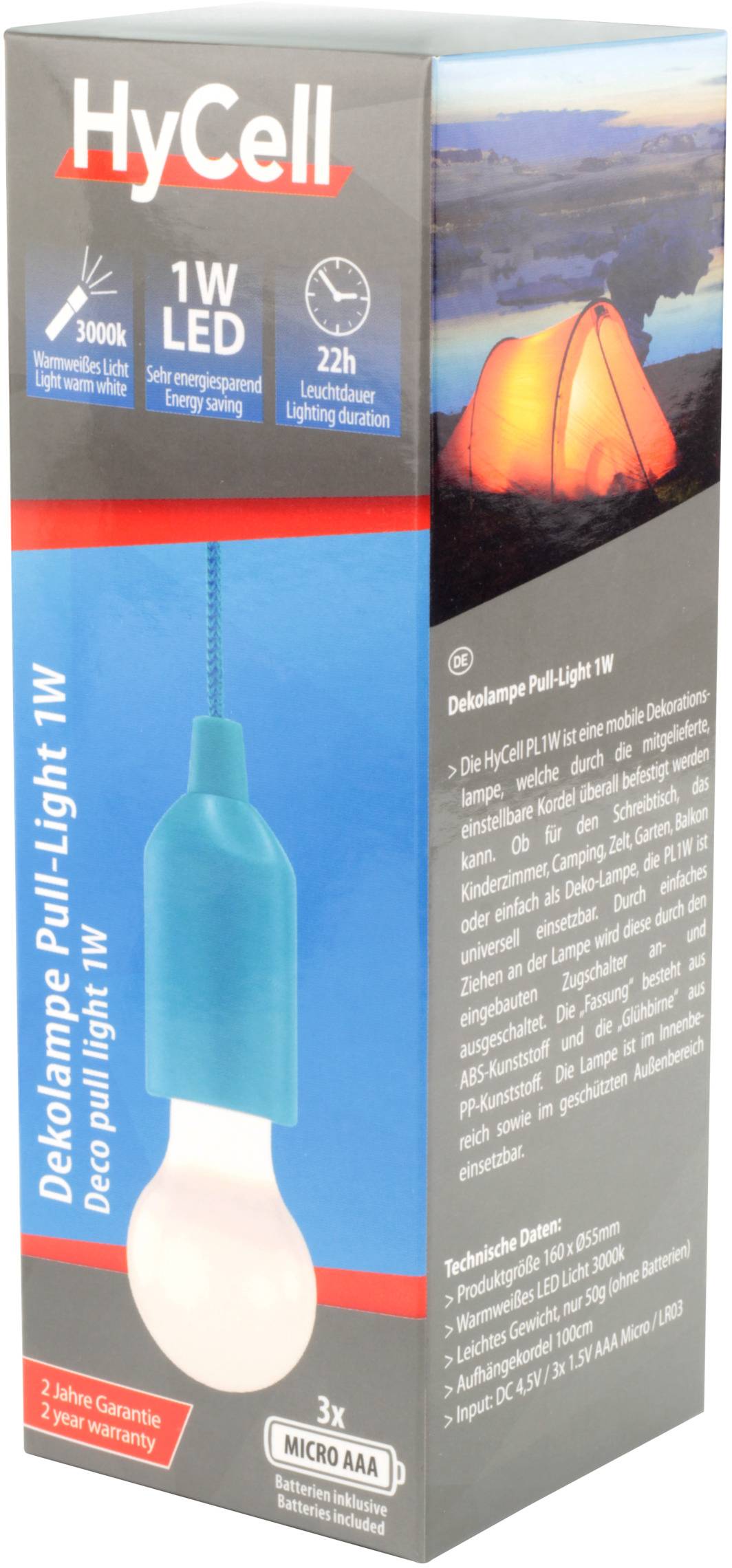 HyCell 1600-0174 Pull-Light PL LED Camping-Leuchte 25lm batteriebetrieben 50g Blau