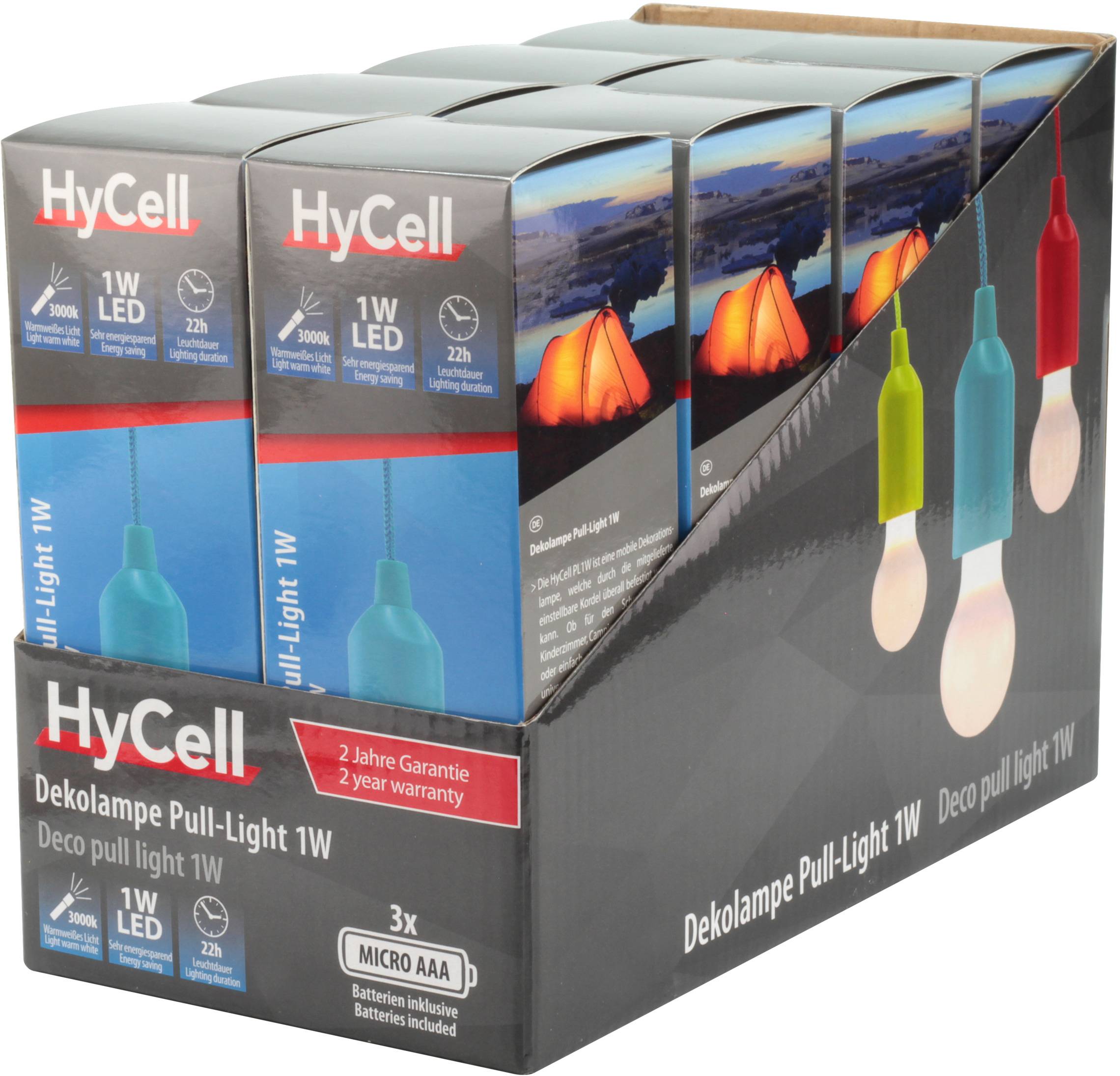'HyCell Dekolampe Pull-Light 1W' Display mit mehreren Verpackungen von LED-Dekolampen. Enthält Batterien, 2 Jahre Garantie.