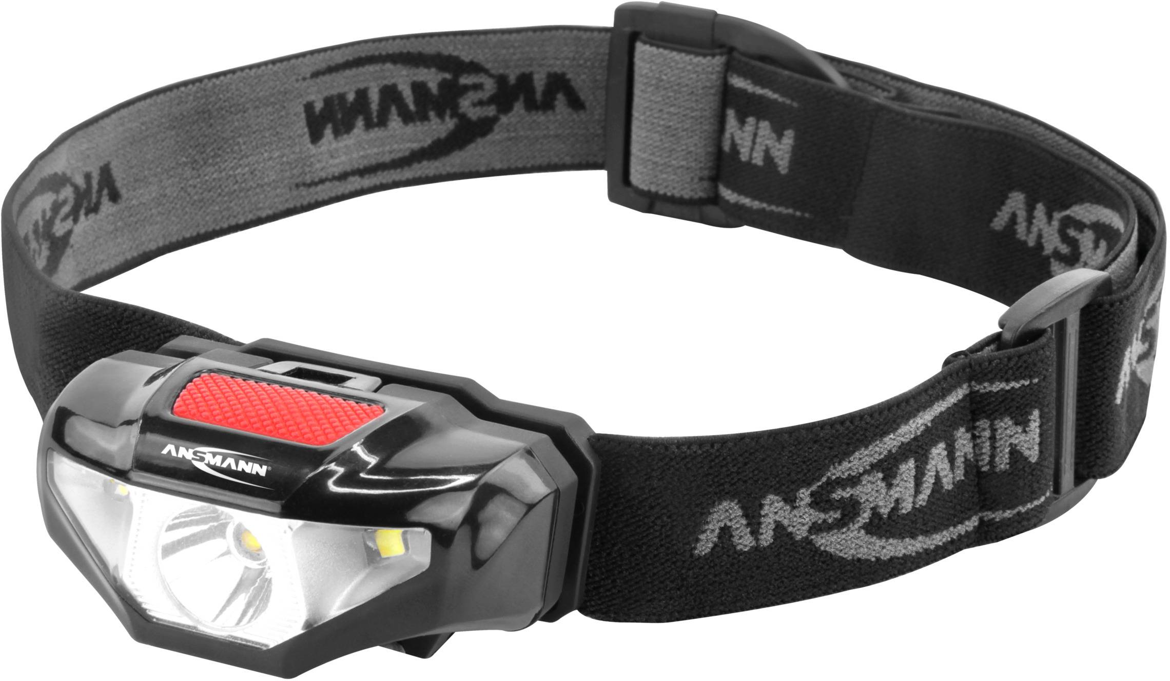 Stirnlampe mit schwarzem Band und rotem Akzent. Die Lampe hat eine weiße LED-Frontleuchte und ist verstellbar. Ideal zum Campen.