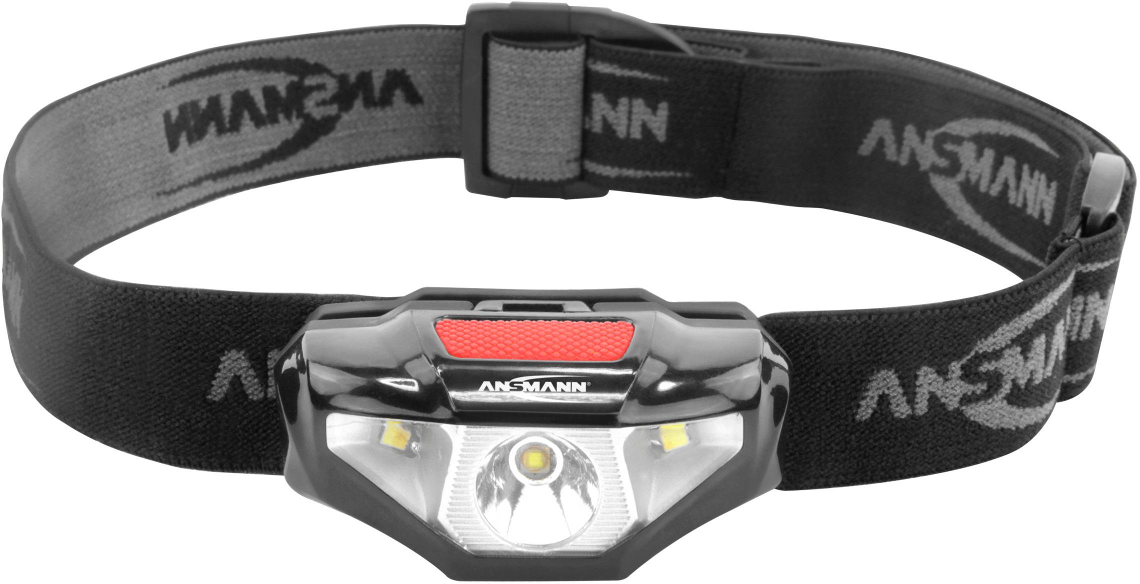 Stirnlampe mit schwarzem, verstellbarem Band und leuchtendem Lichtmittelpunkt, geeignet für Outdoor-Aktivitäten bei Dunkelheit.