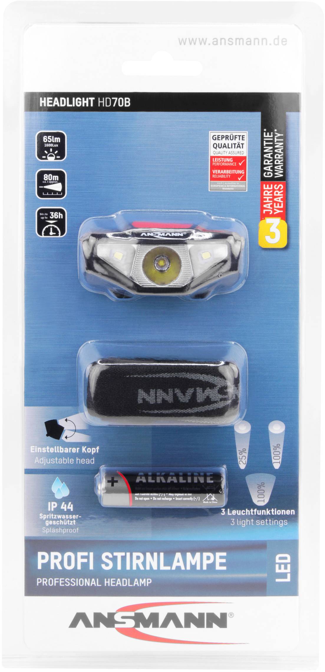'ANSMANN Profi Stirnlampe HD70B' in Verpackung. Enthält Stirnlampe, Batterien, IP44-Schutz, 3 Lichtmodi. Geeignet für Outdoor, verstellbarer Kopf.