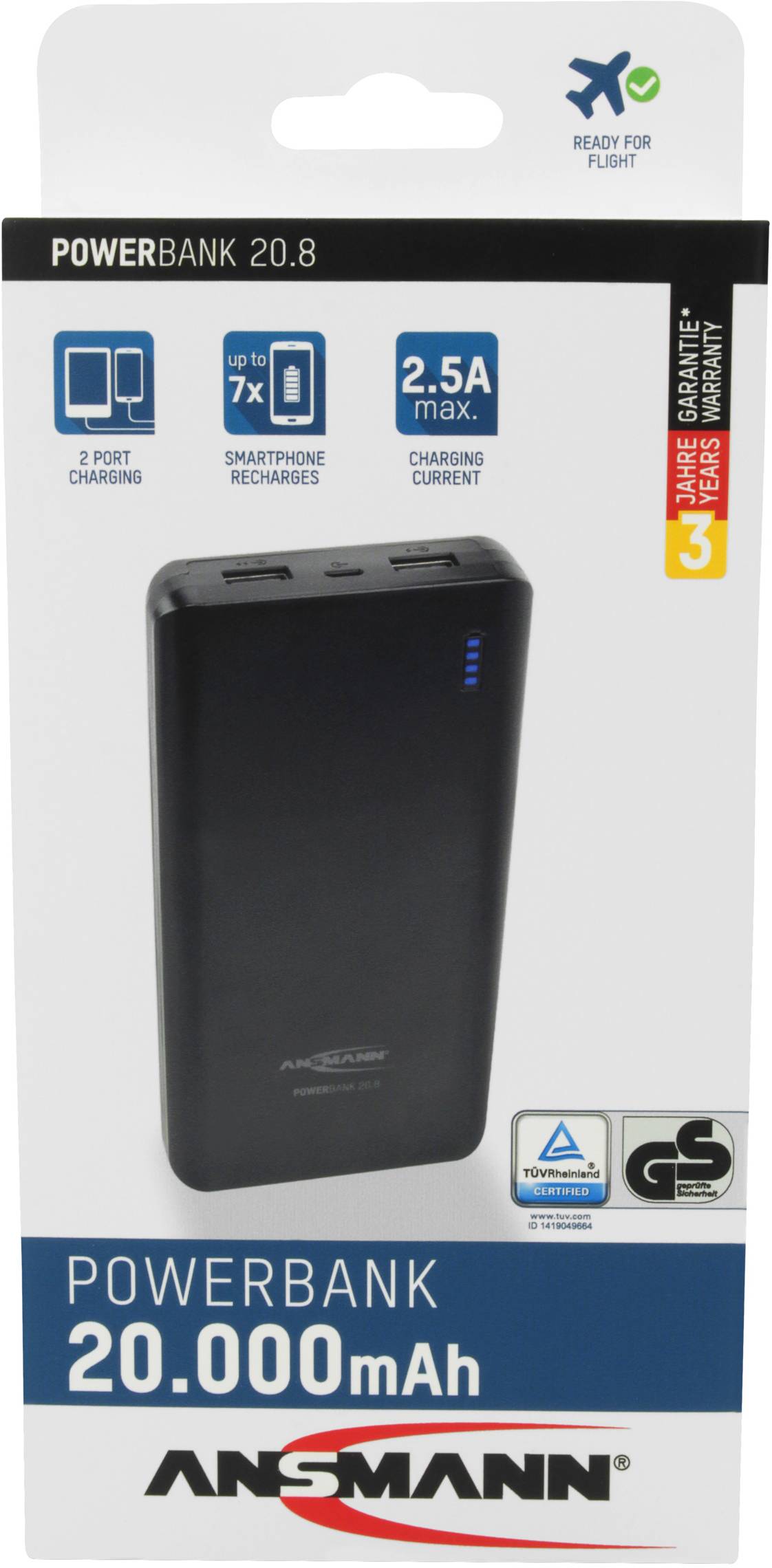 Ansmann PB20.8 Powerbank 20000 mAh Smart IC LiPo Micro USB Schwarz Statusanzeige