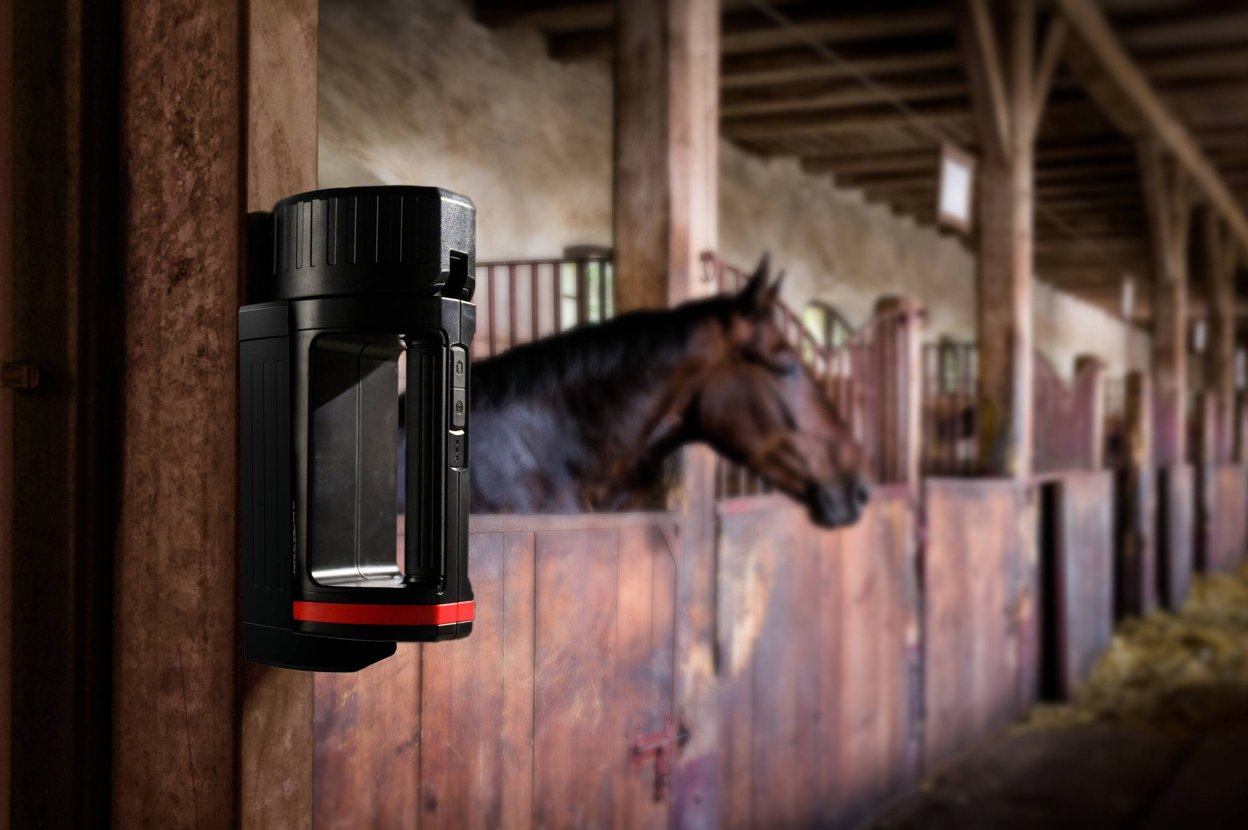 Ein braunes Pferd schaut über die Boxenwand in einem gut beleuchteten, hölzernen Pferdestall, im Vordergrund ein modernes Gerät an der Wand befestigt.