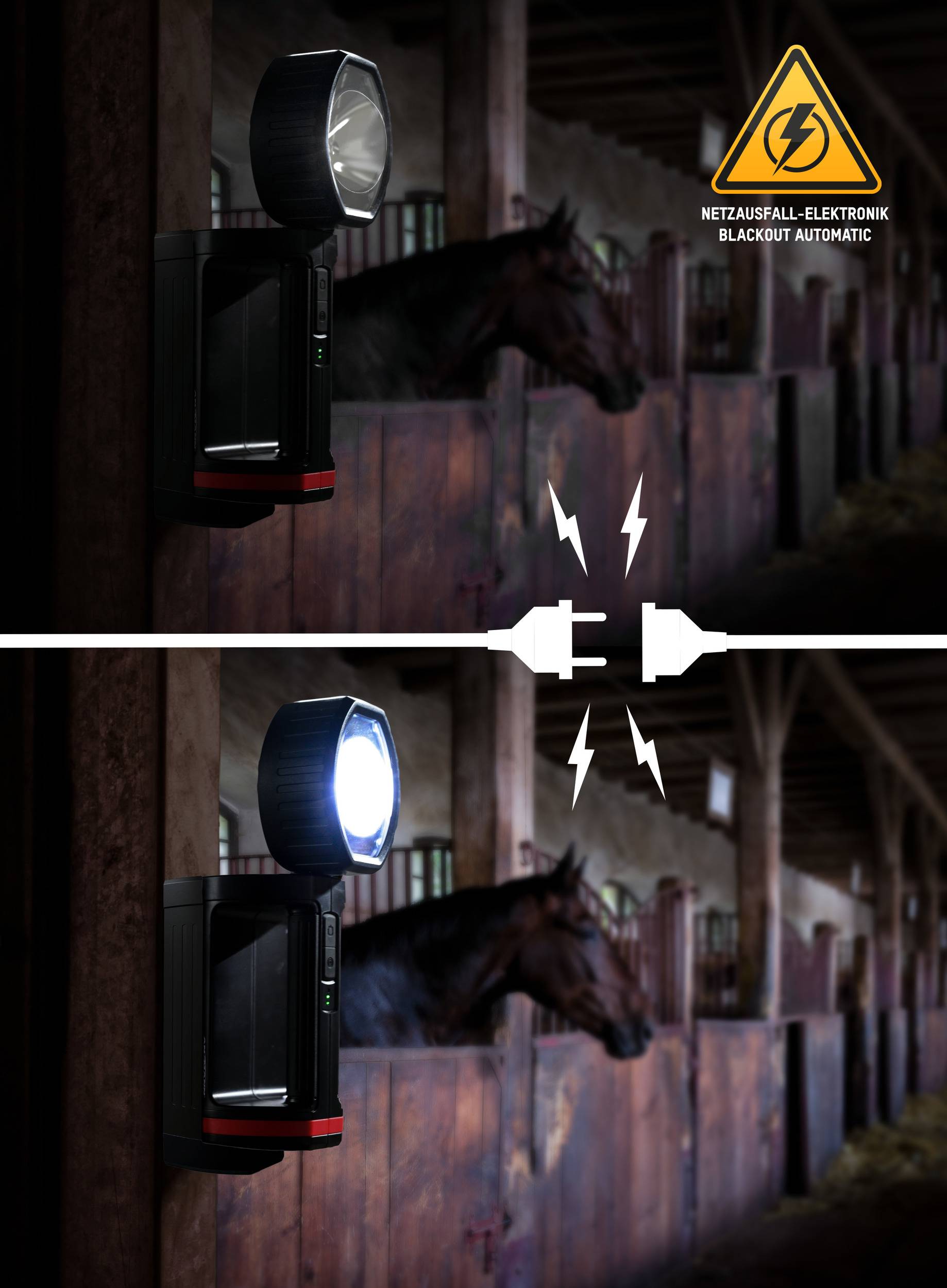 'Oberes Bild: Dunkles Stall mit Pferd, Taschenlampe aus; unteres Bild: Taschenlampe an, beleuchtet Stall; Text: 