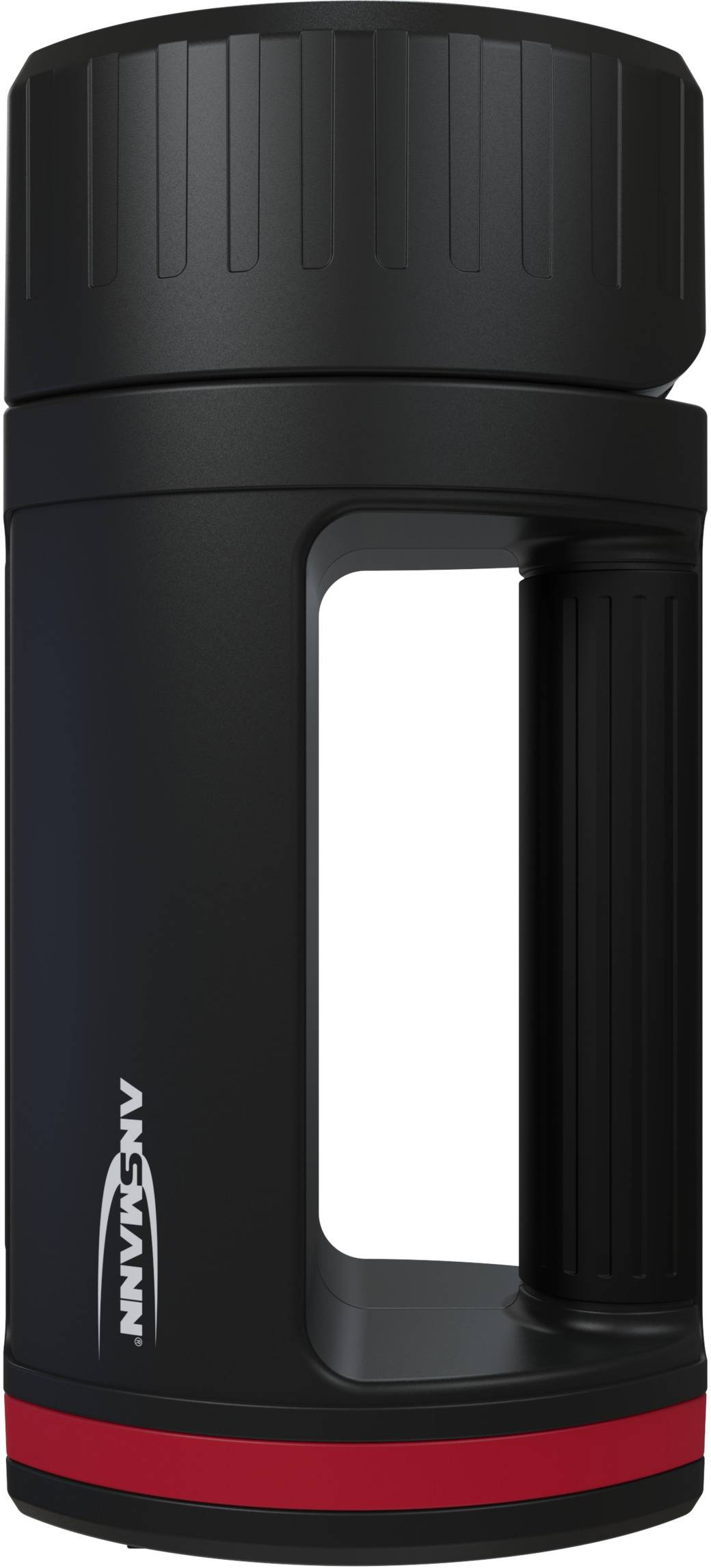 Schwarzer, zylinderförmiger Reisebecher mit rotem Streifen und Markenzeichen, aufrecht mit Griff auf der rechten Seite.