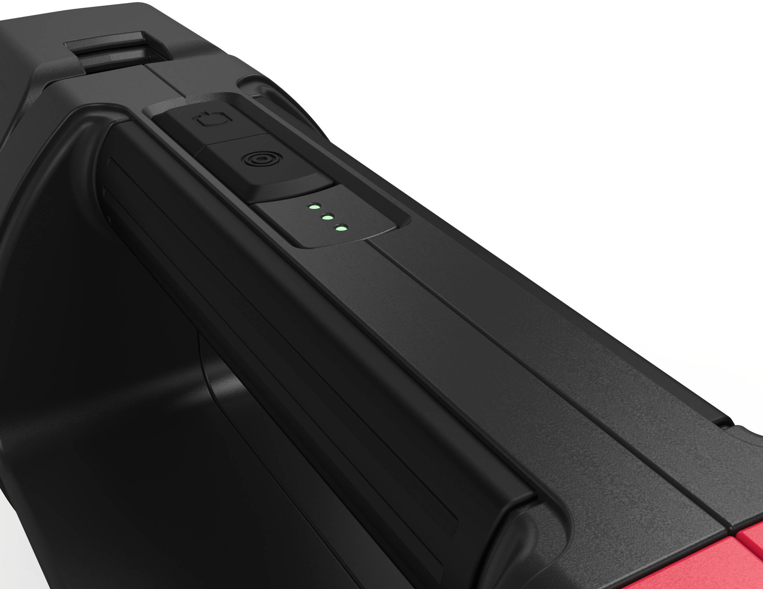 Nahaufnahme eines schwarzen elektronischen Geräts mit drei grünen LED-Anzeigen auf der Oberseite, die den Betriebsstatus zeigen.