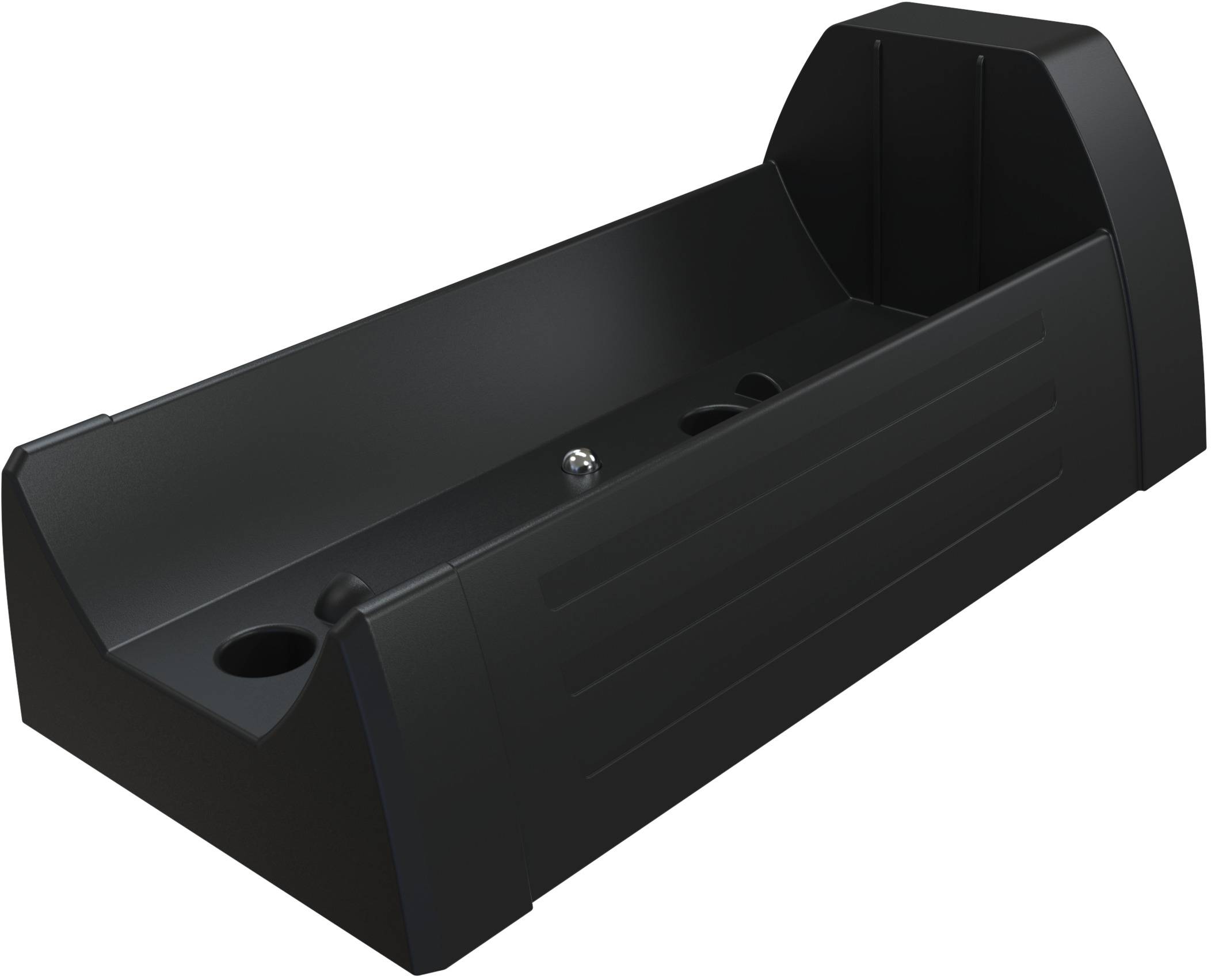 Eine schwarze Kunststoffhalterung mit Schlitzen an den Seiten, möglicherweise für das Laden oder Aufbewahren von Geräten geeignet.