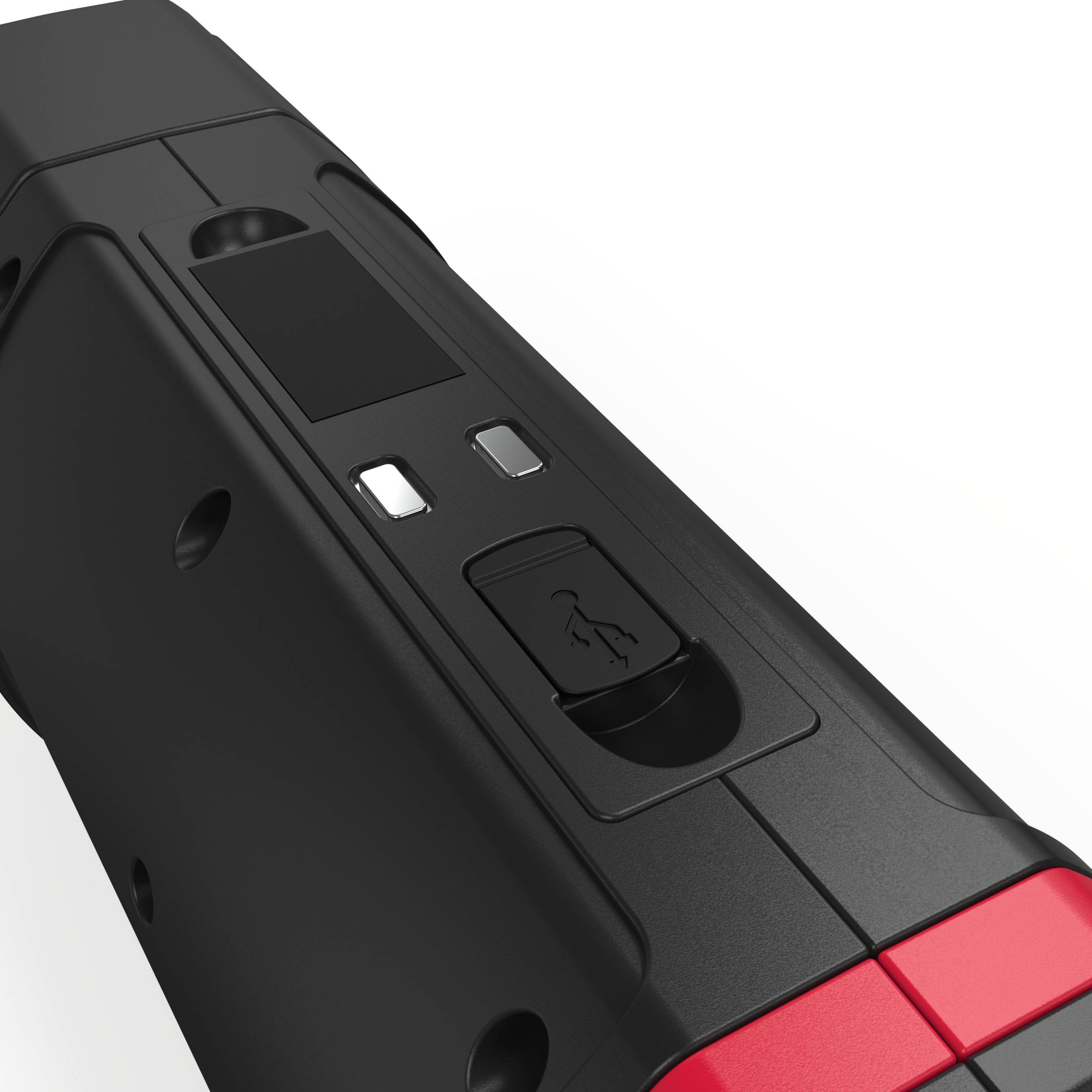 Schwarzes und rotes Handgerät mit schlankem Design, Tasten und Anschlüssen auf der Seite. Fokus auf Bedienelemente und Textur.