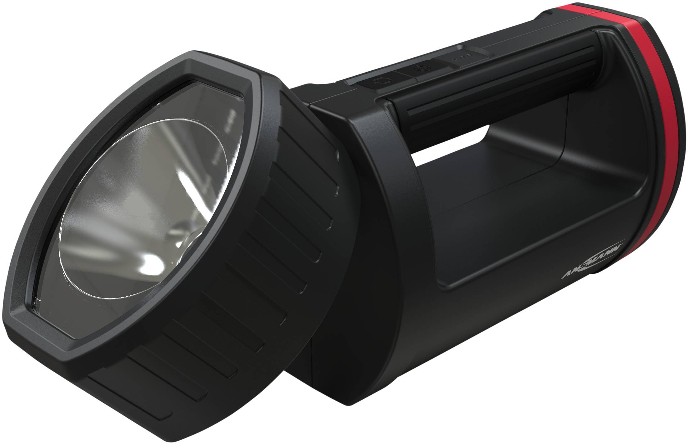 Schwarze, handliche Taschenlampe mit großem Reflektor und rotem Akzentstreifen an der Rückseite. Geeignet für den Outdoor-Einsatz.