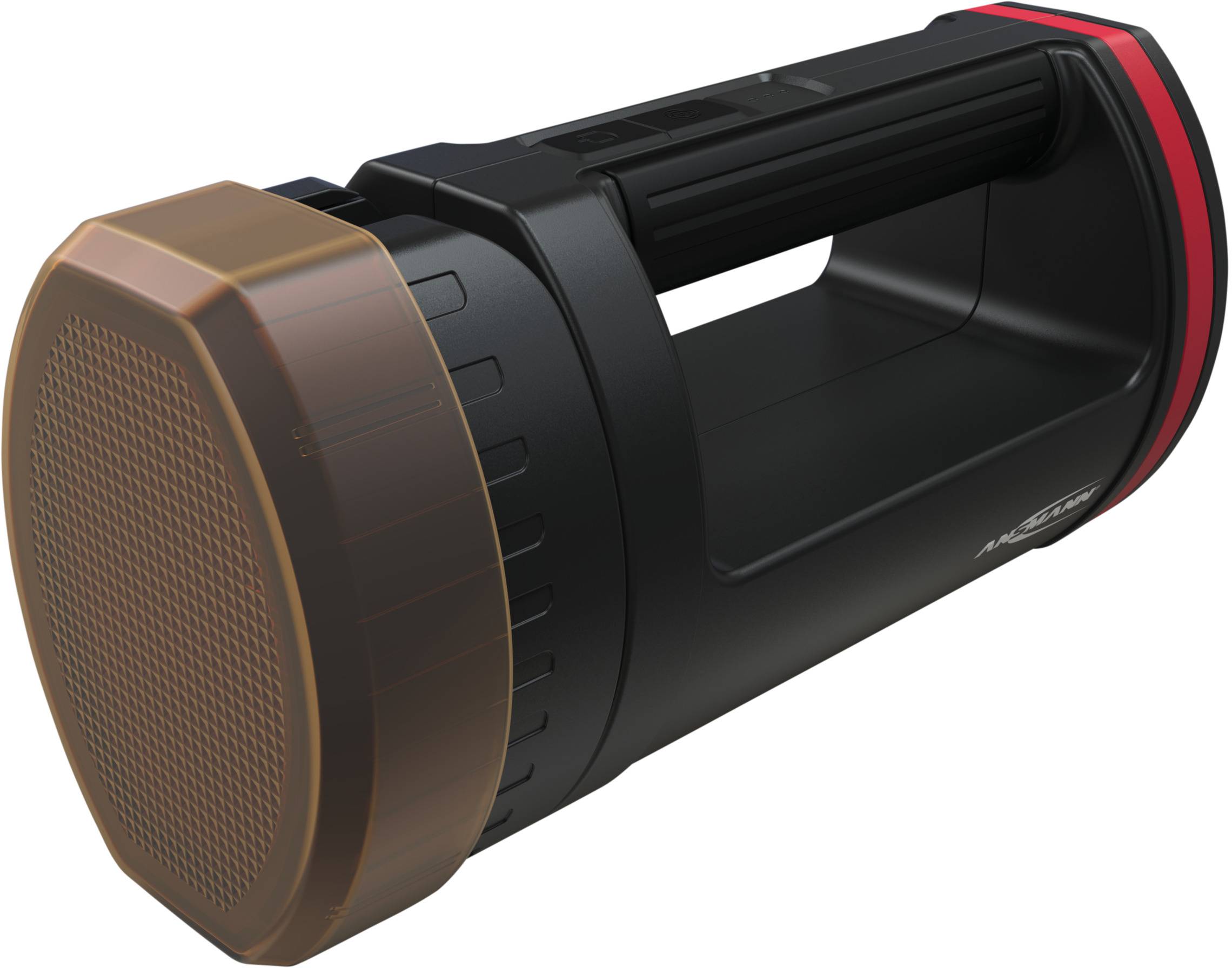 Schwarze und rote Taschenlampe mit robustem Griff, ideal für Outdoor-Aktivitäten.