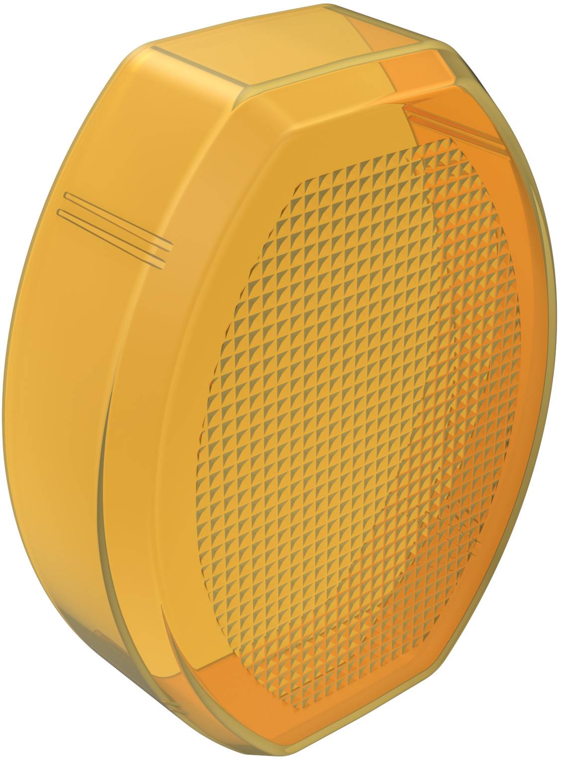 Ein orangefarbenes, ovales Objekt mit einem geriffelten Gittermuster auf einer Seite, möglicherweise ein Kunststoffdeckel oder Filter.