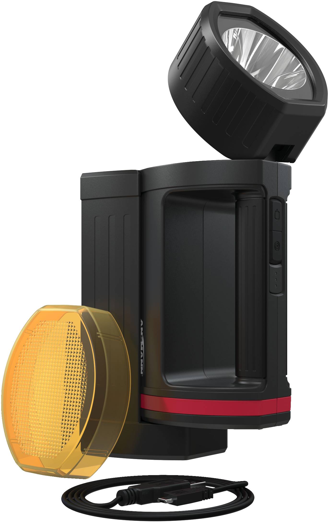 Das Bild zeigt eine schwarze und rote Taschenlampe mit einem abnehmbaren gelben Filter und einem USB-Ladekabel.