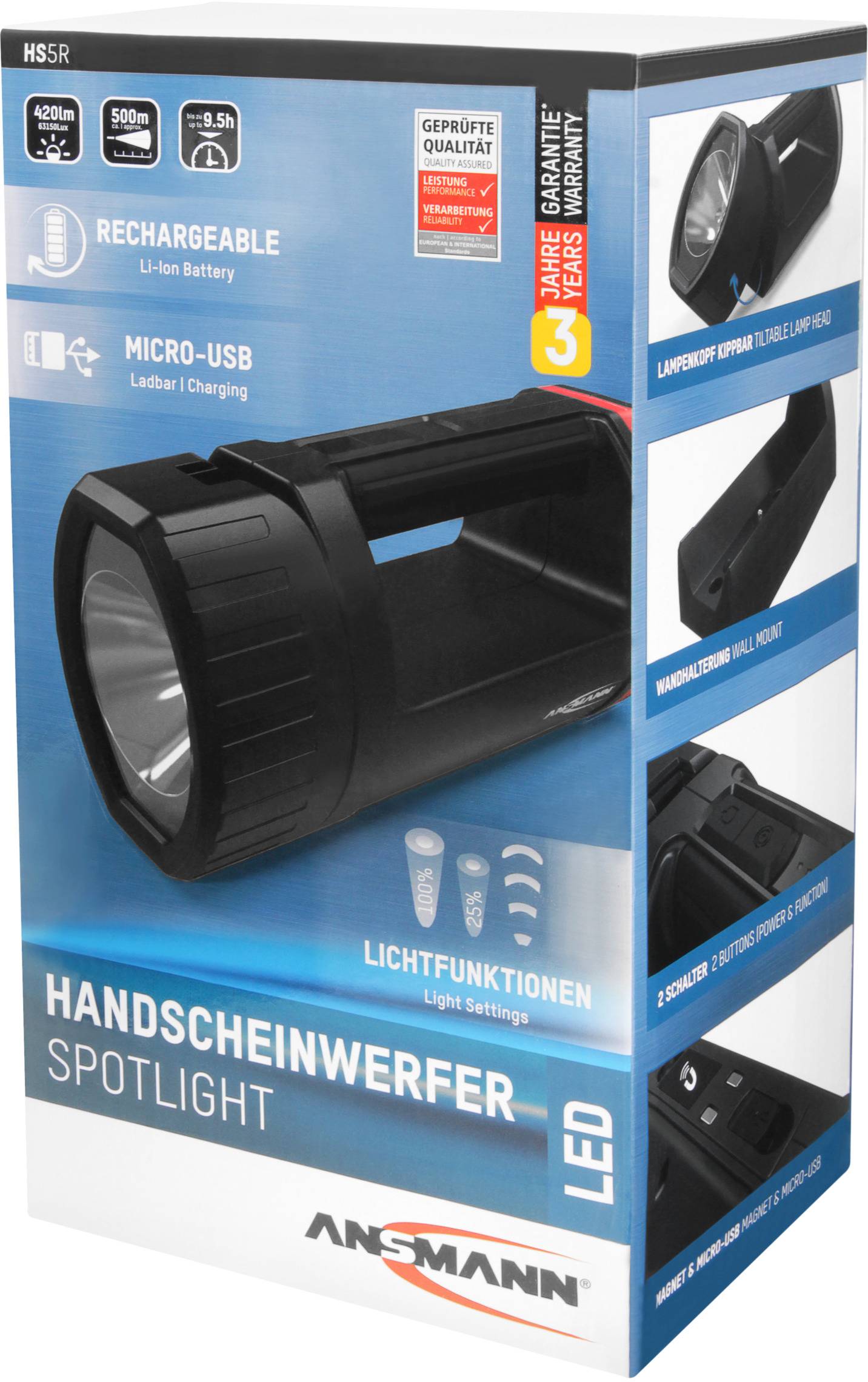 Hauptbild einer Verpackung eines LED-Handscheinwerfers. Produktfunktionen und -spezifikationen sind auf der Verpackung hervorgehoben.