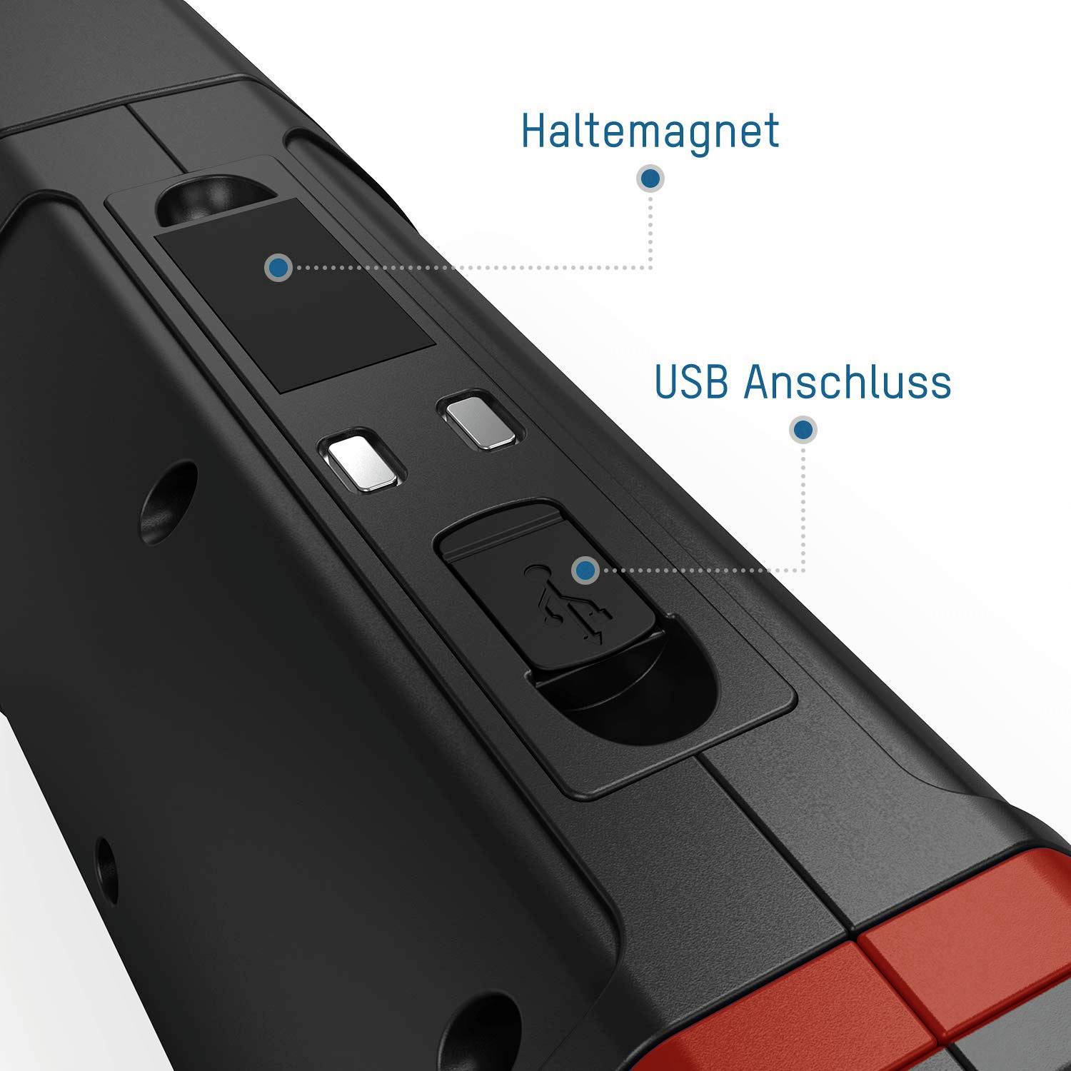 Nahaufnahme eines schwarzen Werkzeugs mit rotem Akzent, zeigt Haltemagnet und USB-Anschluss, mit Beschriftungen in deutscher Sprache.