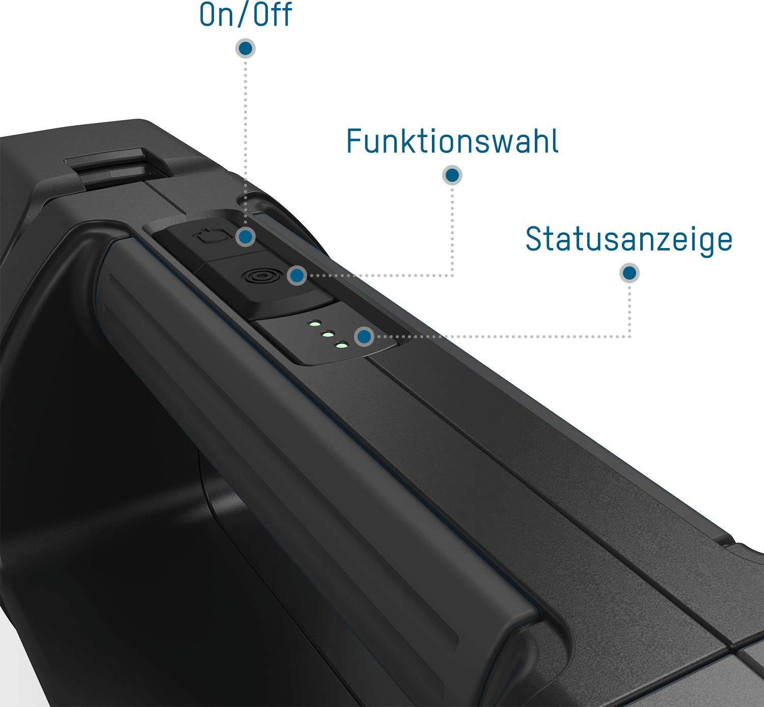 Nahaufnahme eines Gerätegriffs: Drei Tasten mit Beschriftungen 'On/Off', 'Funktionswahl' und 'Statusanzeige'.
