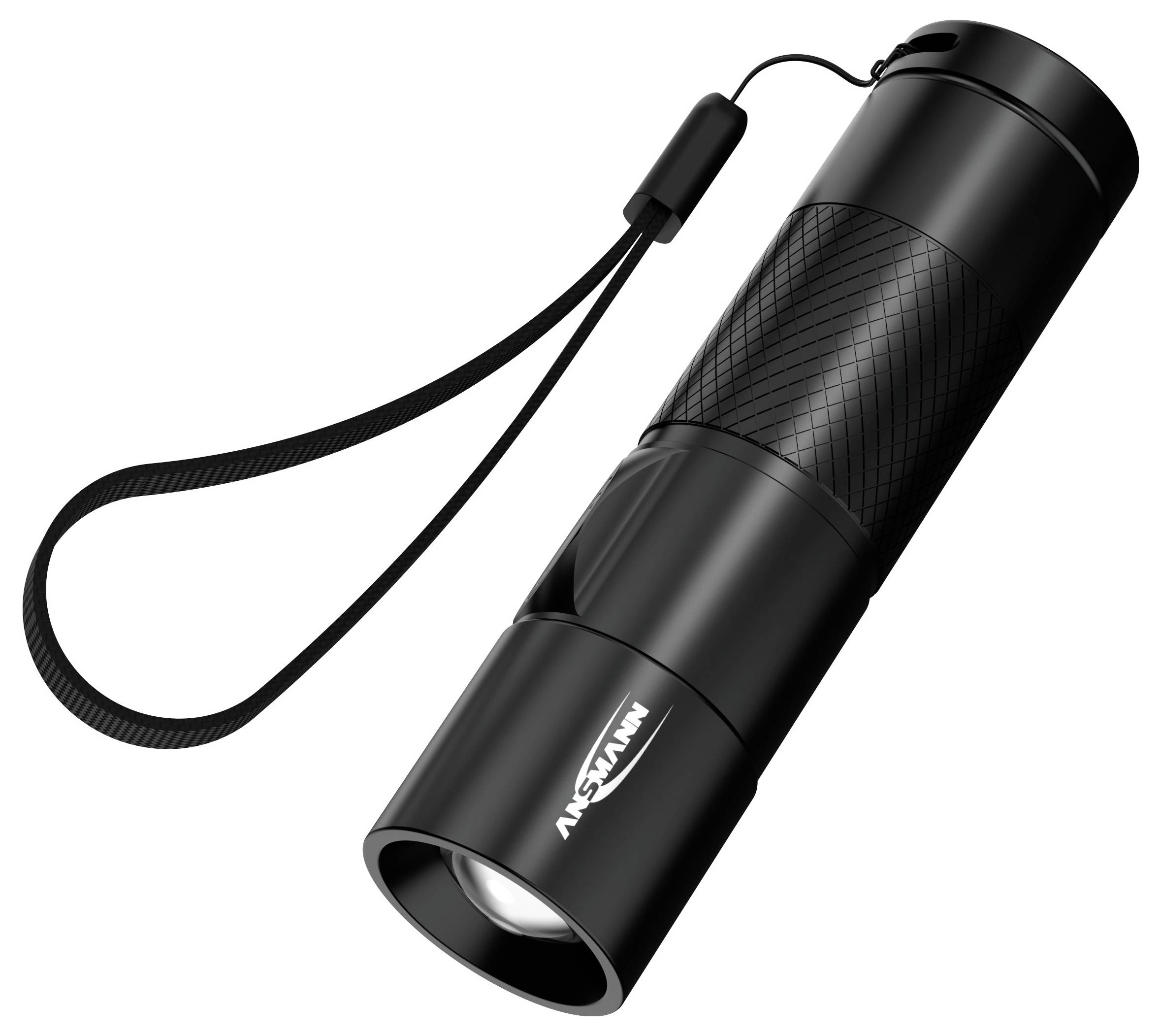 Eine schwarze, kompakte Taschenlampe mit Handschlaufe. Sie hat ein strukturiertes Griffdesign und ein Logo in der Mitte.