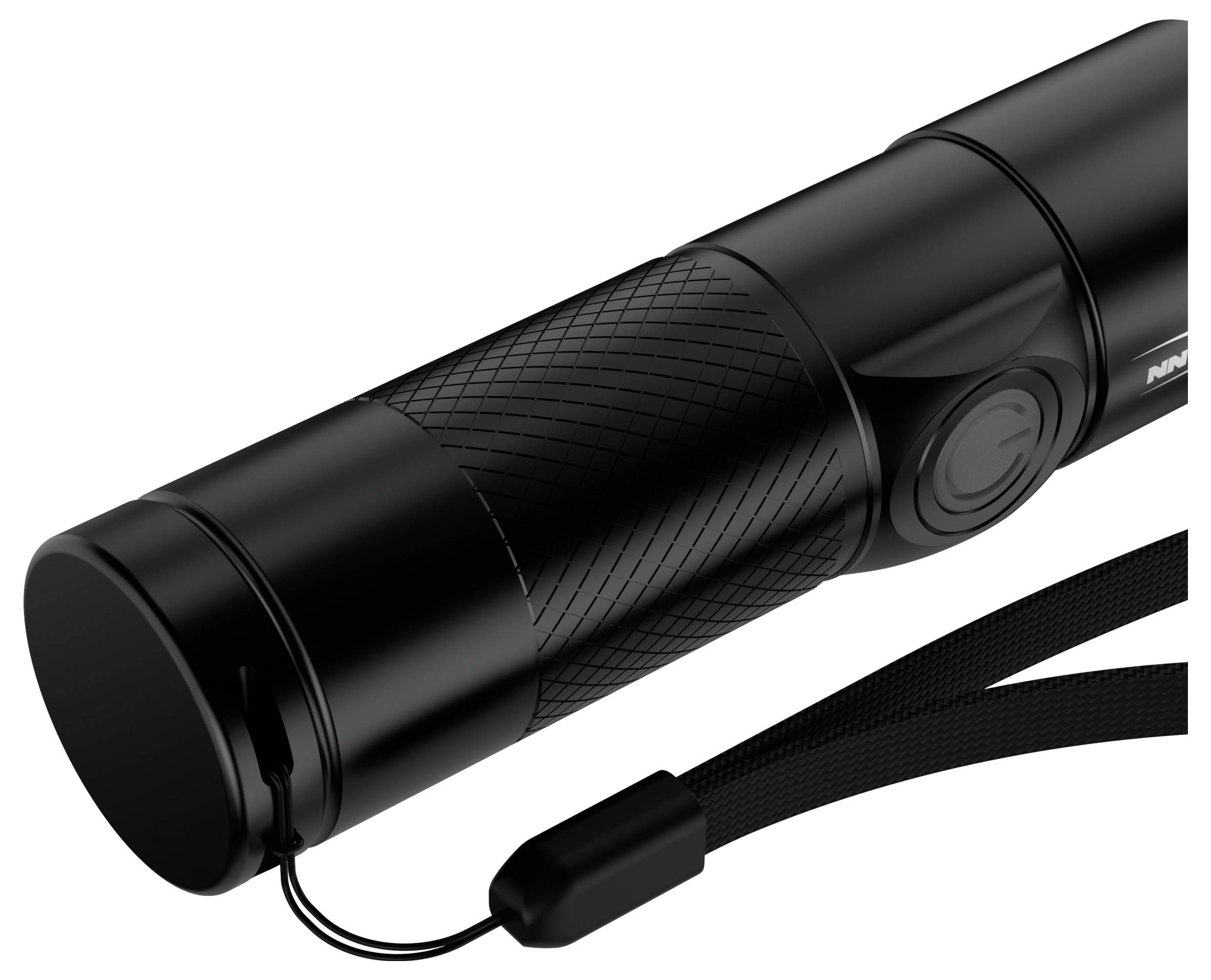 Eine schwarze Taschenlampe mit texturiertem Griff und angebrachter Handschlaufe, liegt horizontal mit Blick auf das Logo.