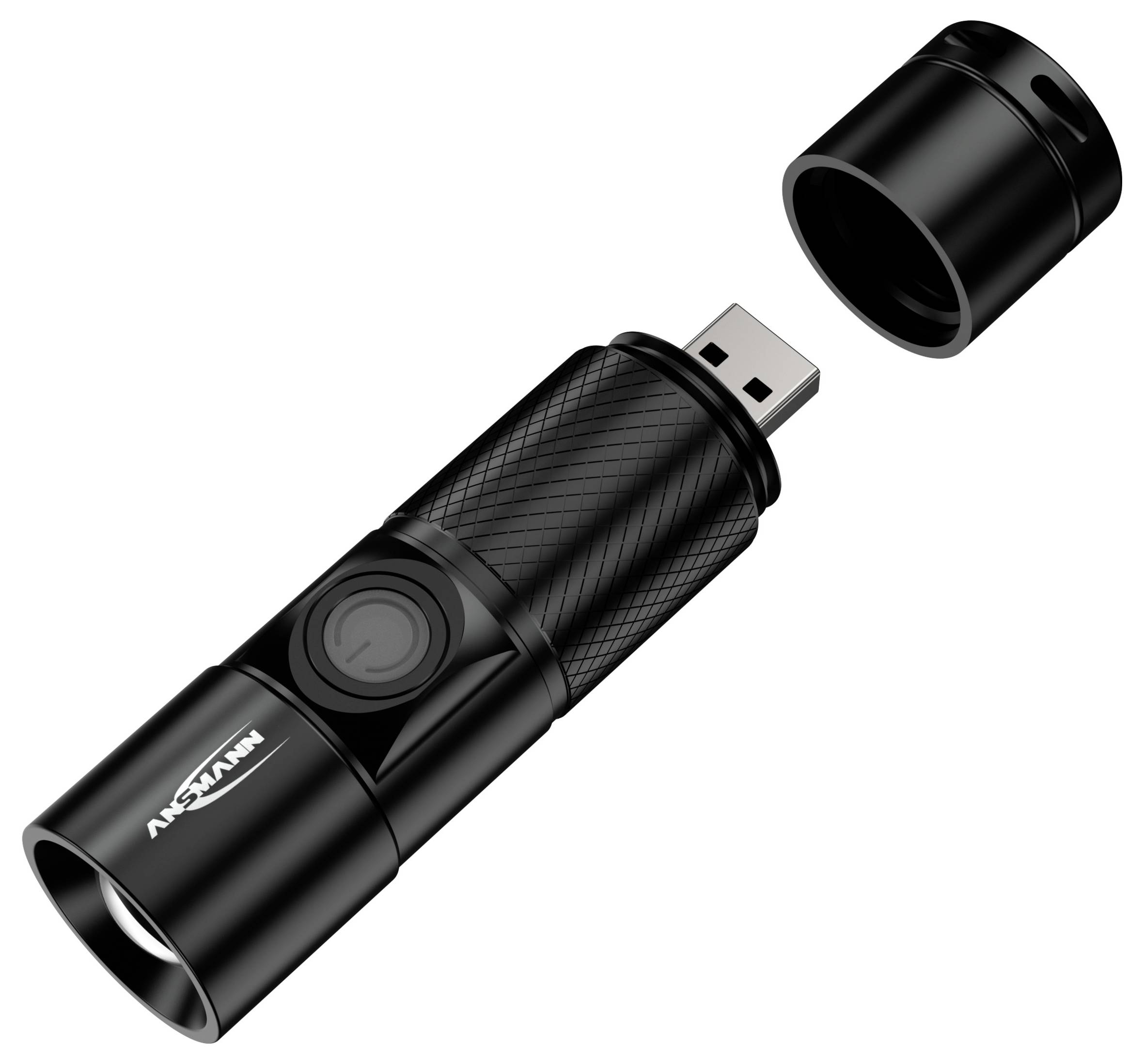 Eine abnehmbare schwarze Taschenlampe mit integriertem USB-Stecker, geöffnet, um Batteriebereich und Ladefunktion zu zeigen.