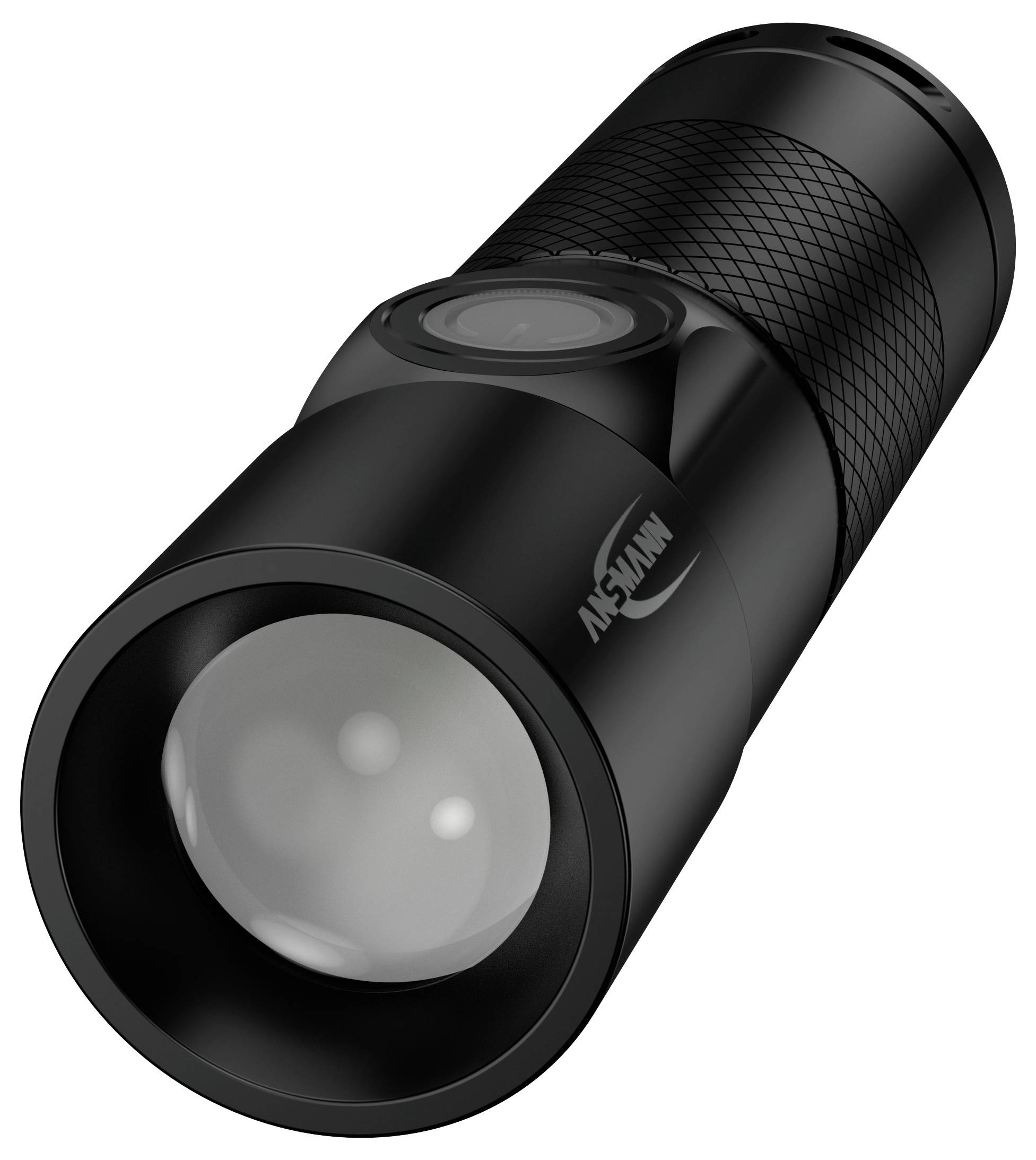 Eine schwarze Taschenlampe mit strukturiertem Griff, großem Objektiv und seitlichem Knopf, positioniert in einem leichten Winkel.