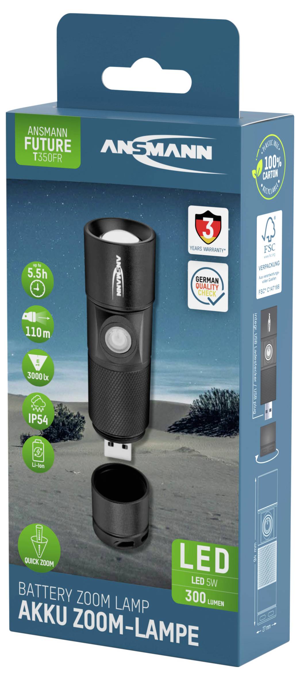 Ansmann Future T350FR LED Taschenlampe mit Handschlaufe akkubetrieben 300 lm