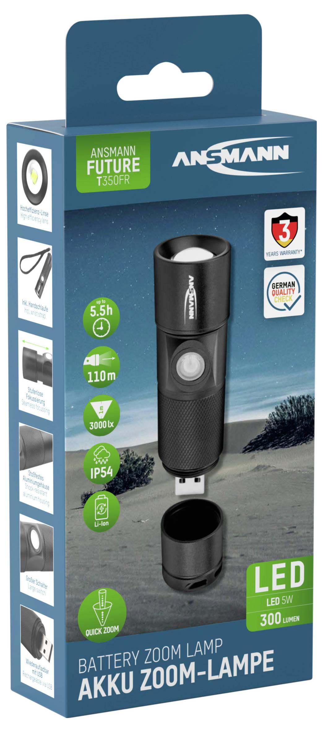 'Akku Zoom-Lampe' von Ansmann, LED, 300 Lumen, haltbar bis 5,5 Stunden, mit USB-Ladefunktion und wasserdichtem Gehäuse. Geeignet für Outdoor-Aktivitäten.