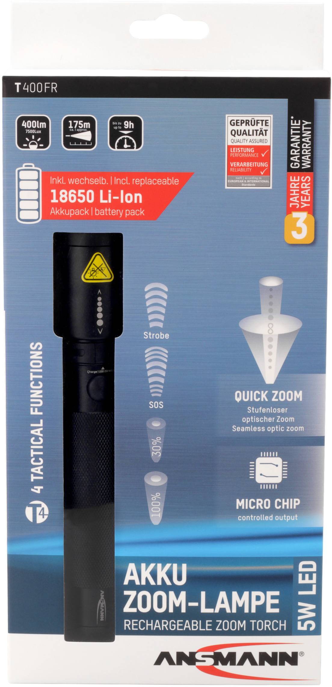 Ansmann LED Taschenlampe mit Handschlaufe akkubetrieben 400 lm 143 g