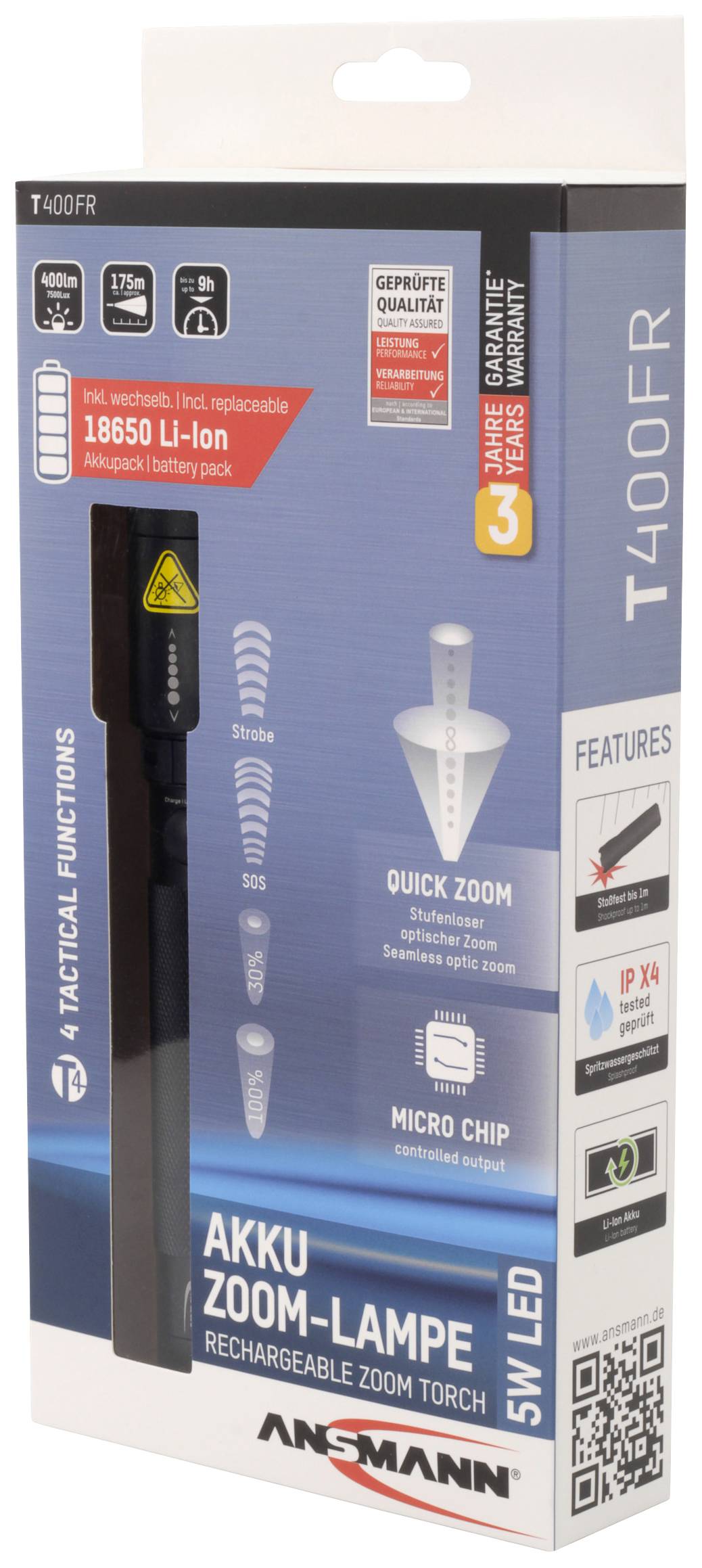 Ansmann LED Taschenlampe mit Handschlaufe akkubetrieben 400 lm 143 g