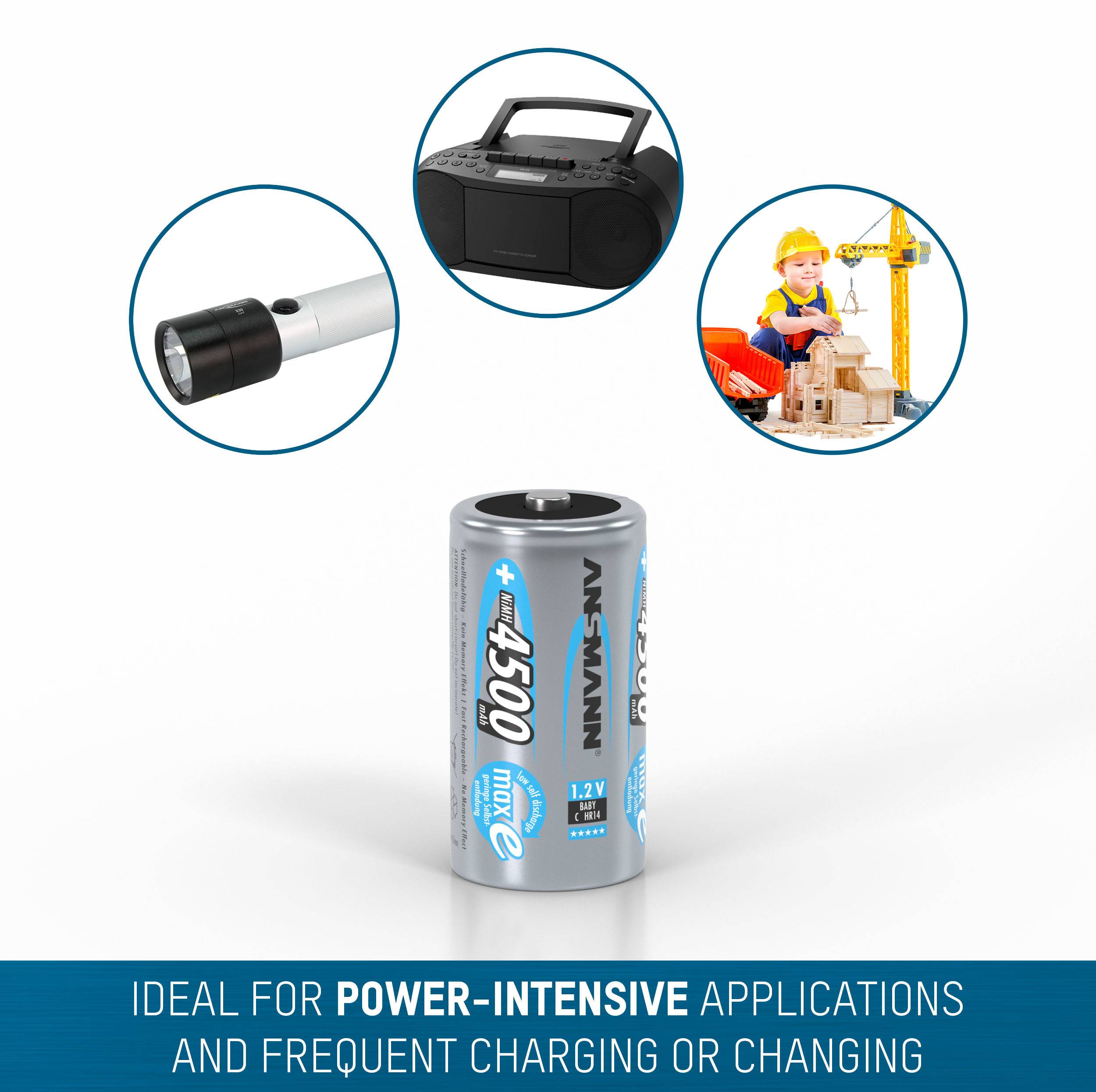 Batterie mit hoher Kapazität, ideal für leistungsintensive Anwendungen. Abgebildet ist auch eine Taschenlampe und ein Spielzeugbauarbeiter.