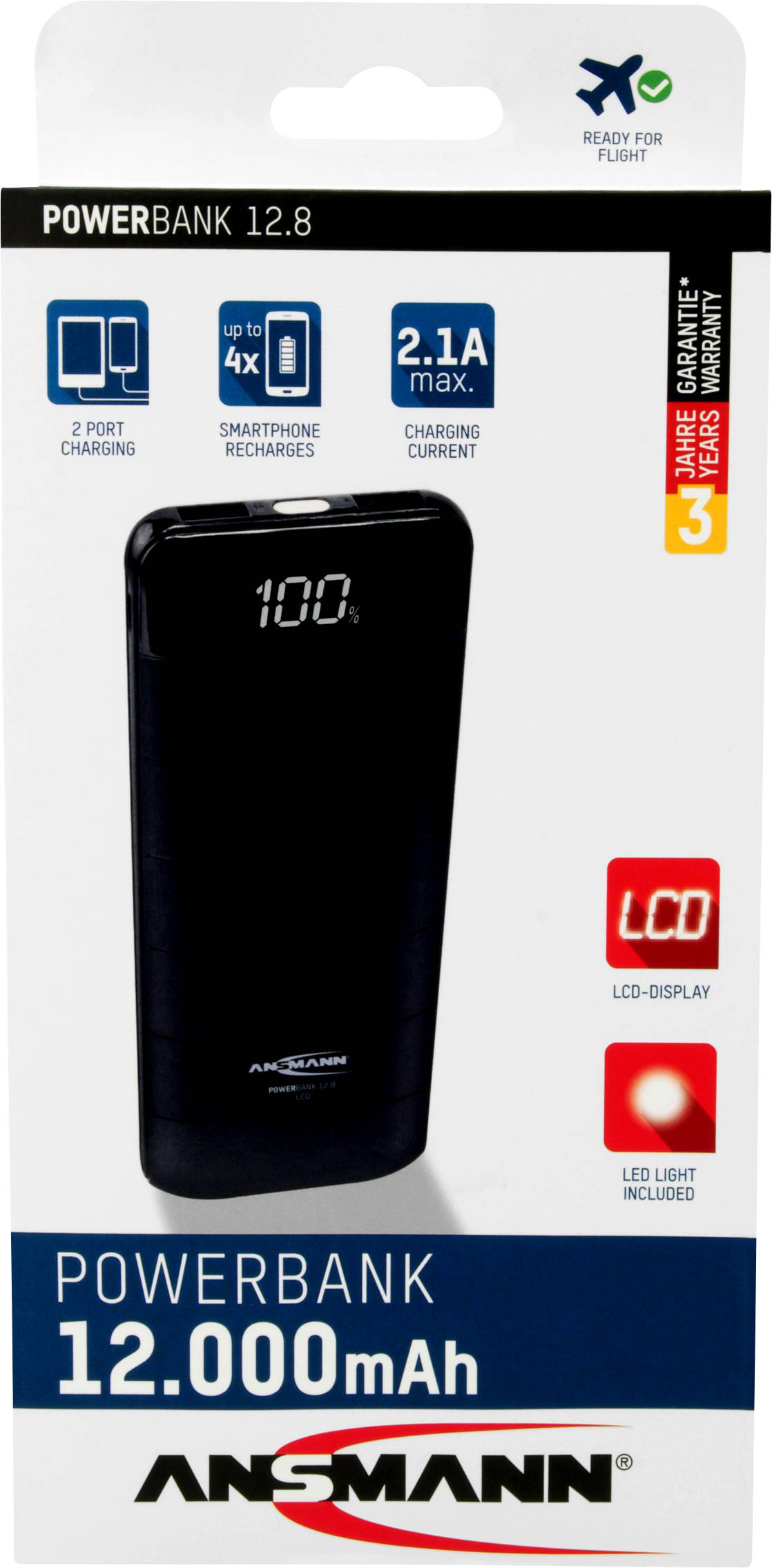Ansmann PB12.8 LCD Powerbank (Zusatzakku) Li-Ion 12000 mAh 1700-0092