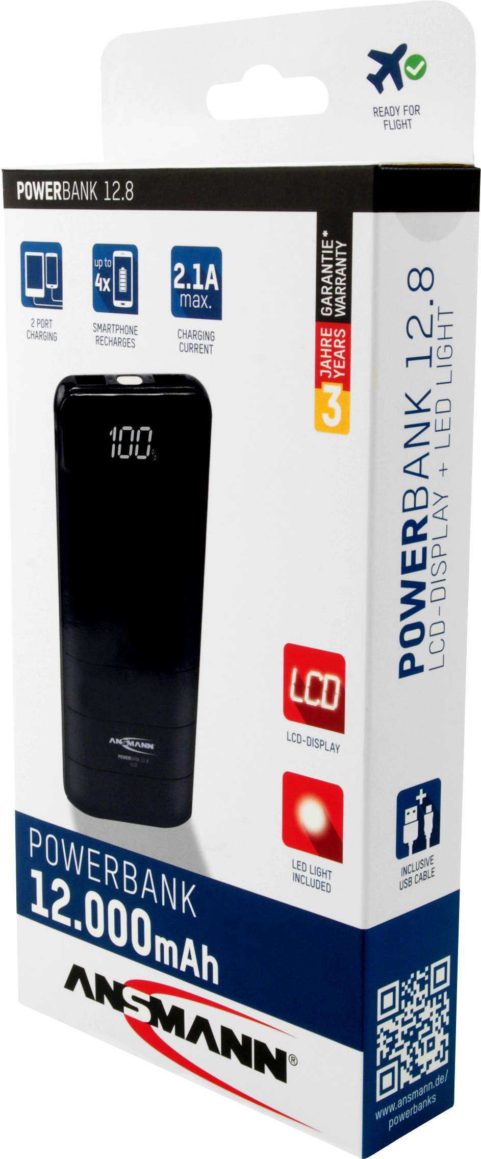 Ansmann PB12.8 LCD Powerbank (Zusatzakku) Li-Ion 12000 mAh 1700-0092