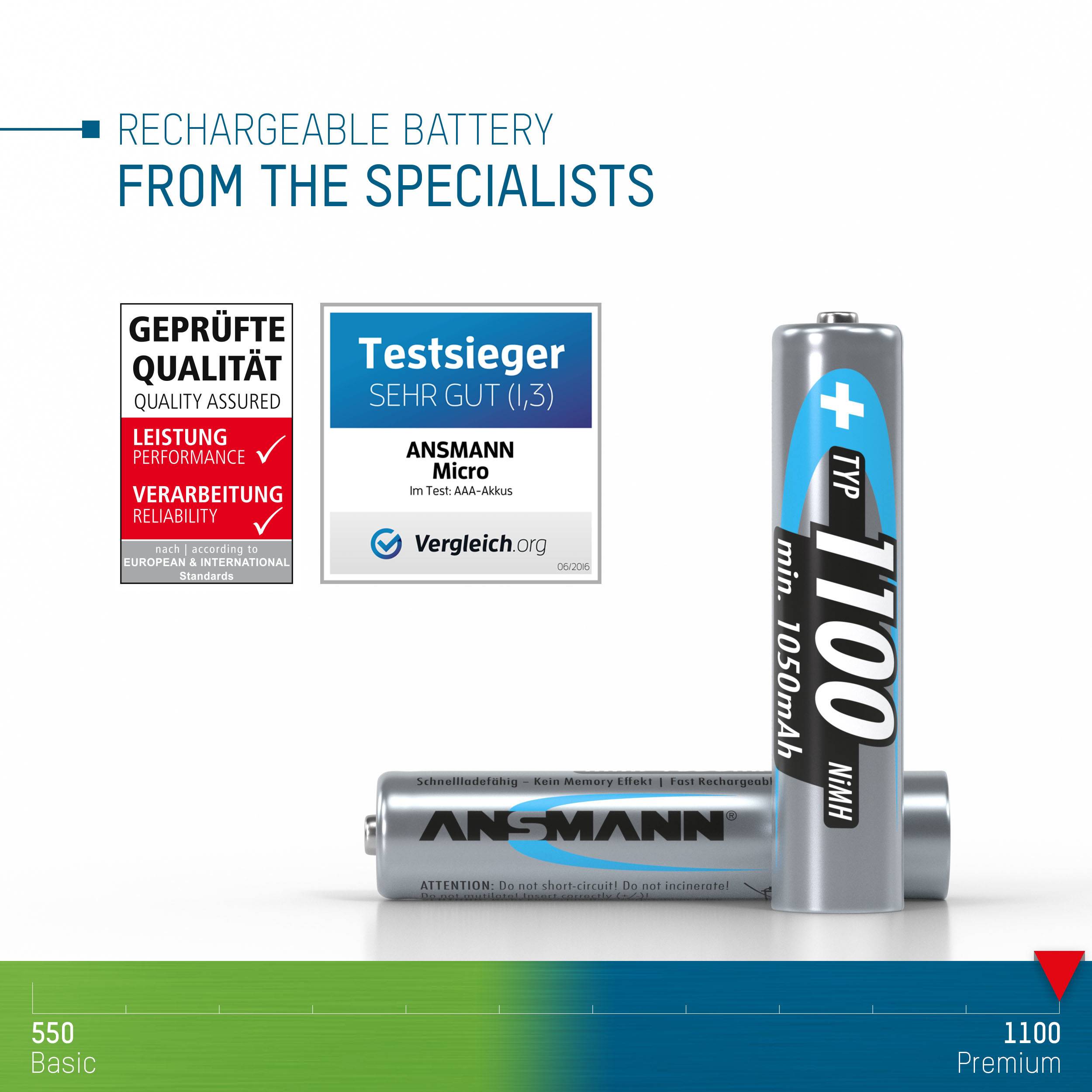 Wiederaufladbare Batterien mit Zertifizierungen für Qualität und Testsieger-Auszeichnung. Vertikale und horizontale Anordnung der Batterien.