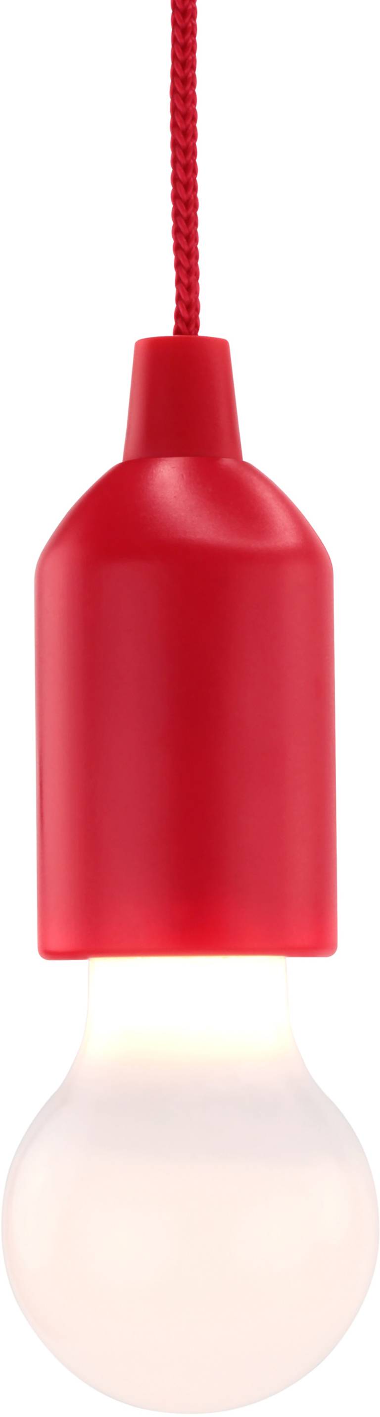 Eine rote Hängeleuchte mit einer eingeschalteten Glühbirne, vor weißem Hintergrund.