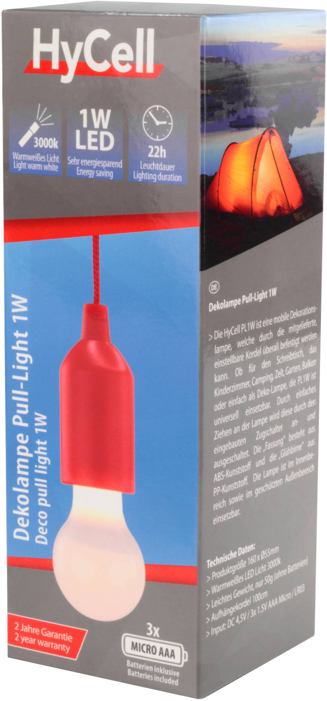 Verpackung einer LED-Dekoleuchte mit Bild einer rot leuchtenden Kugellampe. Text betont '22h Beleuchtungsdauer' und '3000K warmweiß'.