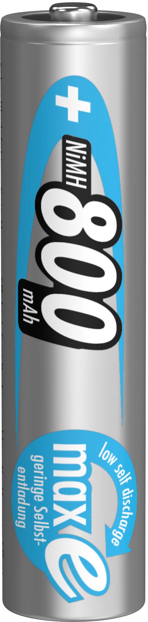 Silberne Batterie mit blauen und weißen Markierungen, Kapazität 800 mAh, Marke maxE. Geeignet für Geräte mit geringem Energieverbrauch.