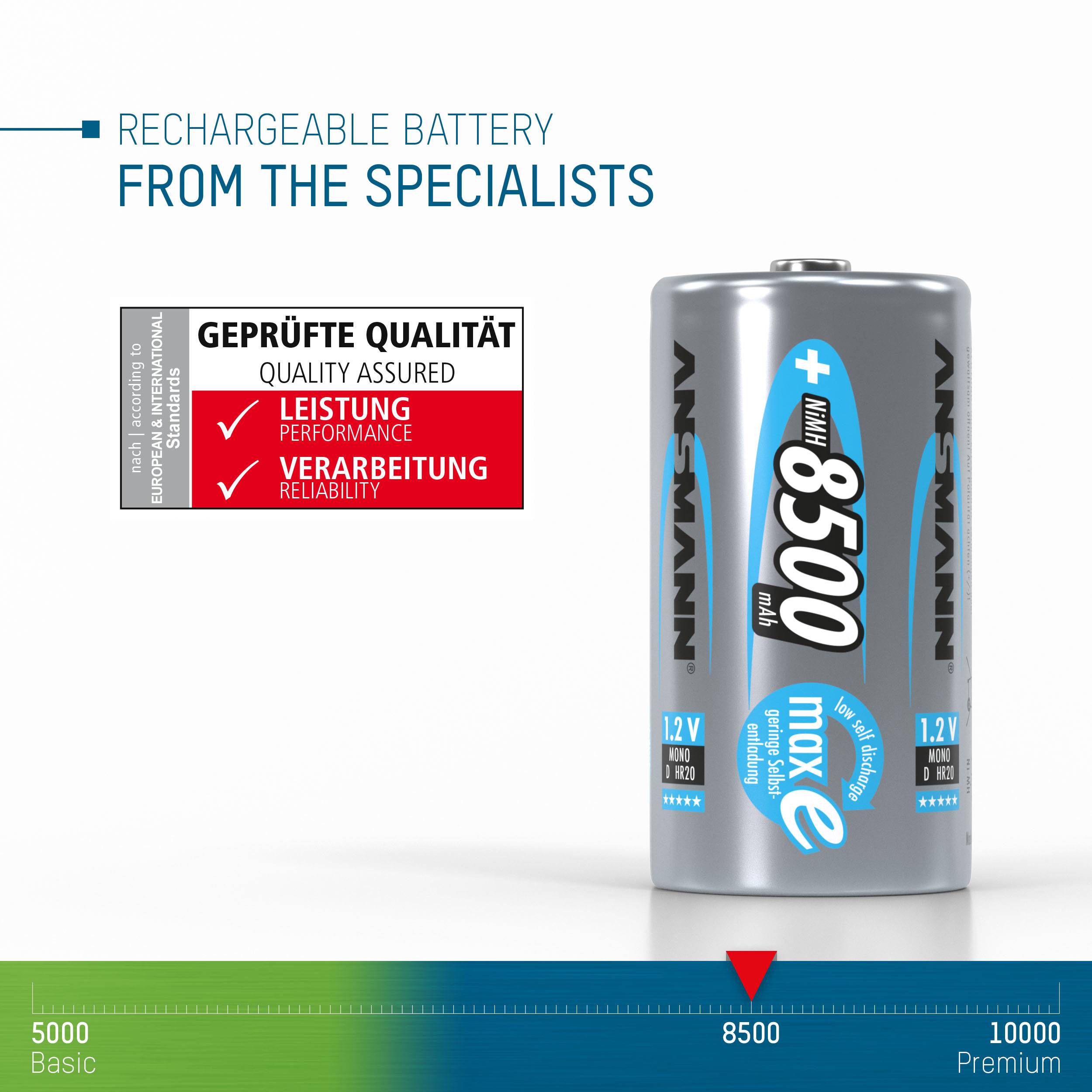 Nachladbare Batterie, Modell 'maxE 8500' von Ansmann, mit hervorgehobener Leistung und Verarbeitung. Qualitätssiegel zeigt geprüfte Qualität.