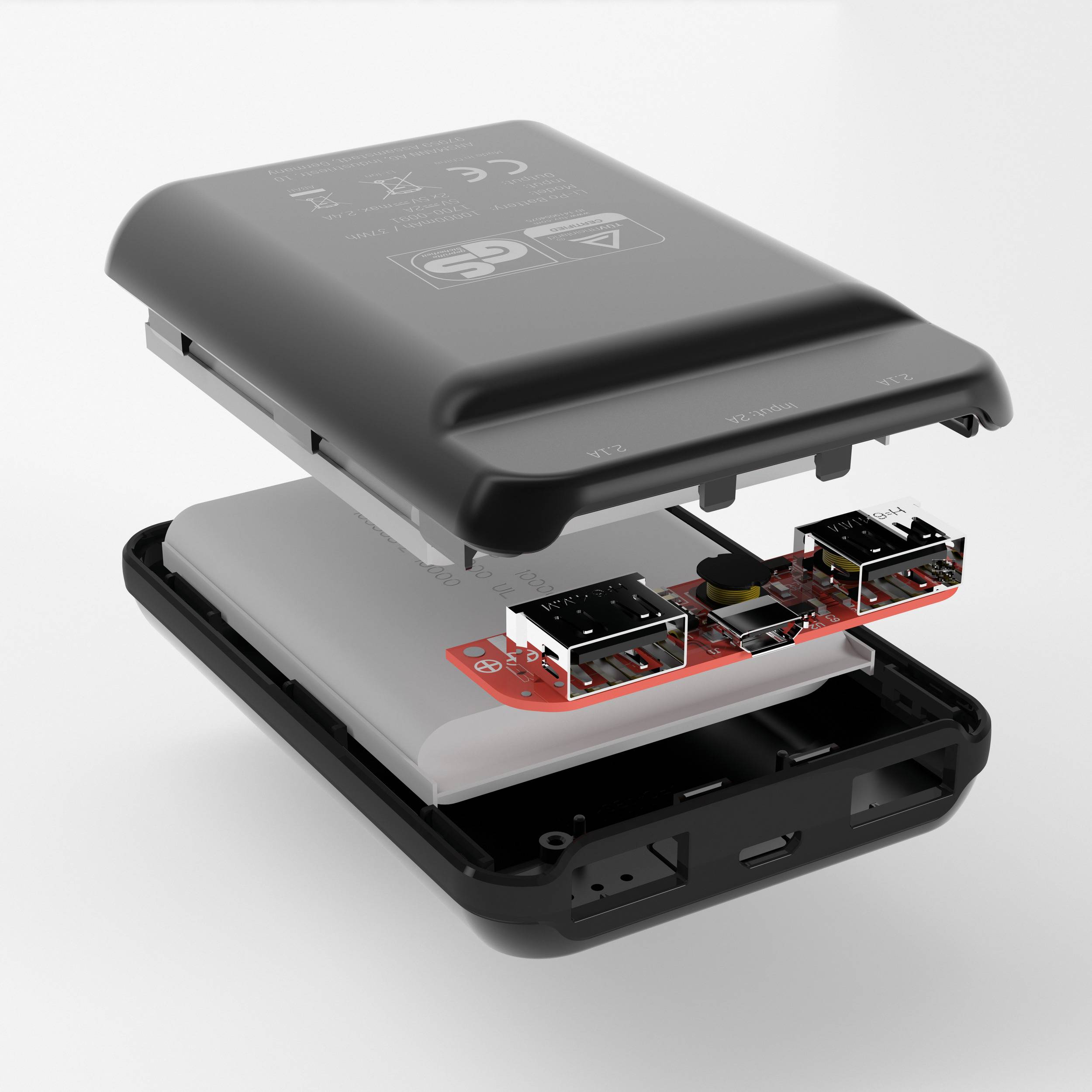 Ein offenes Powerbank-Gehäuse zeigt interne Komponenten: Batterie, Schaltkreis und Anschlüsse, als Explosionsdarstellung dargestellt.