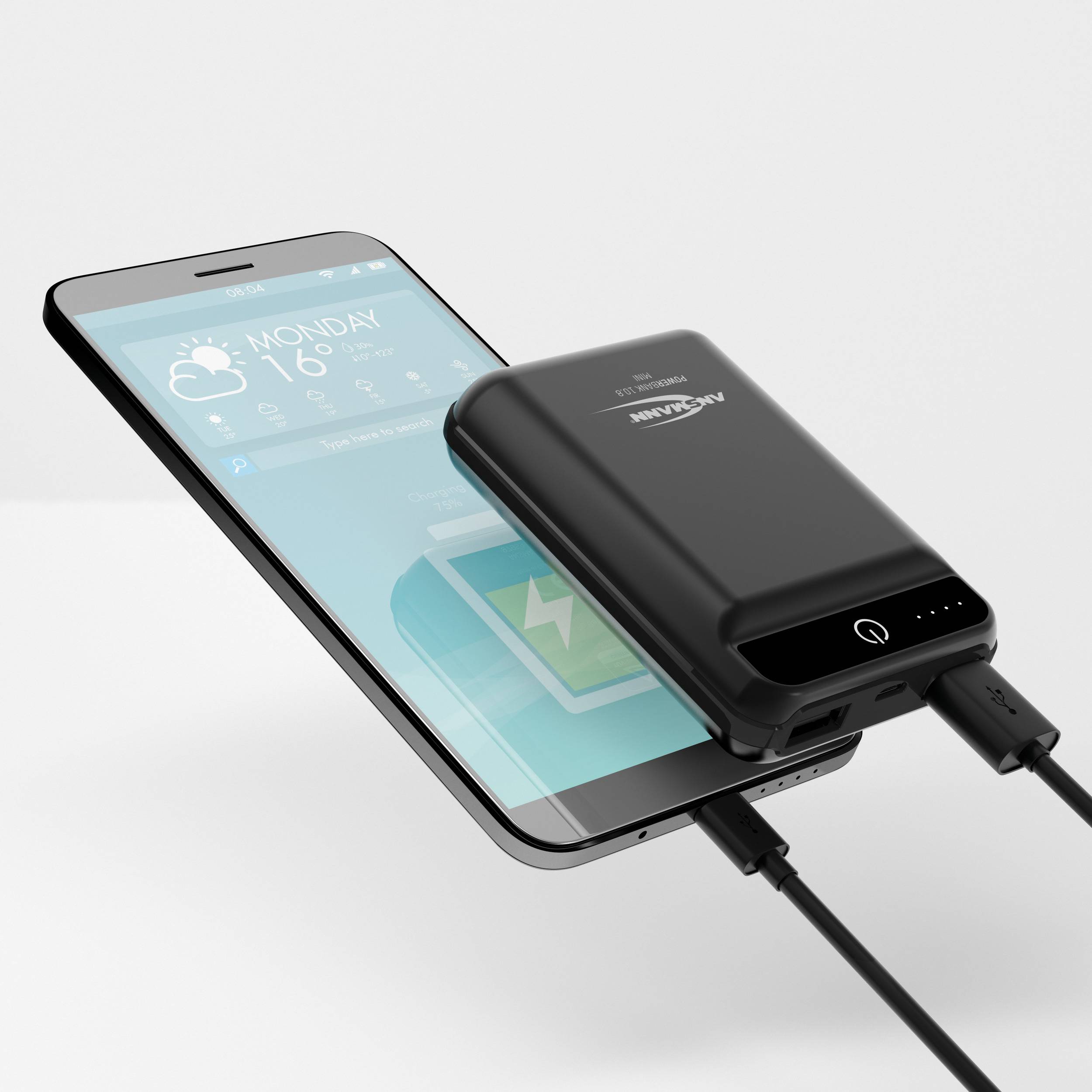 Ein Smartphone wird kabellos von einer Powerbank aufgeladen. Das Display zeigt das Ladesymbol. Ein Kabel ist mit der Powerbank verbunden.