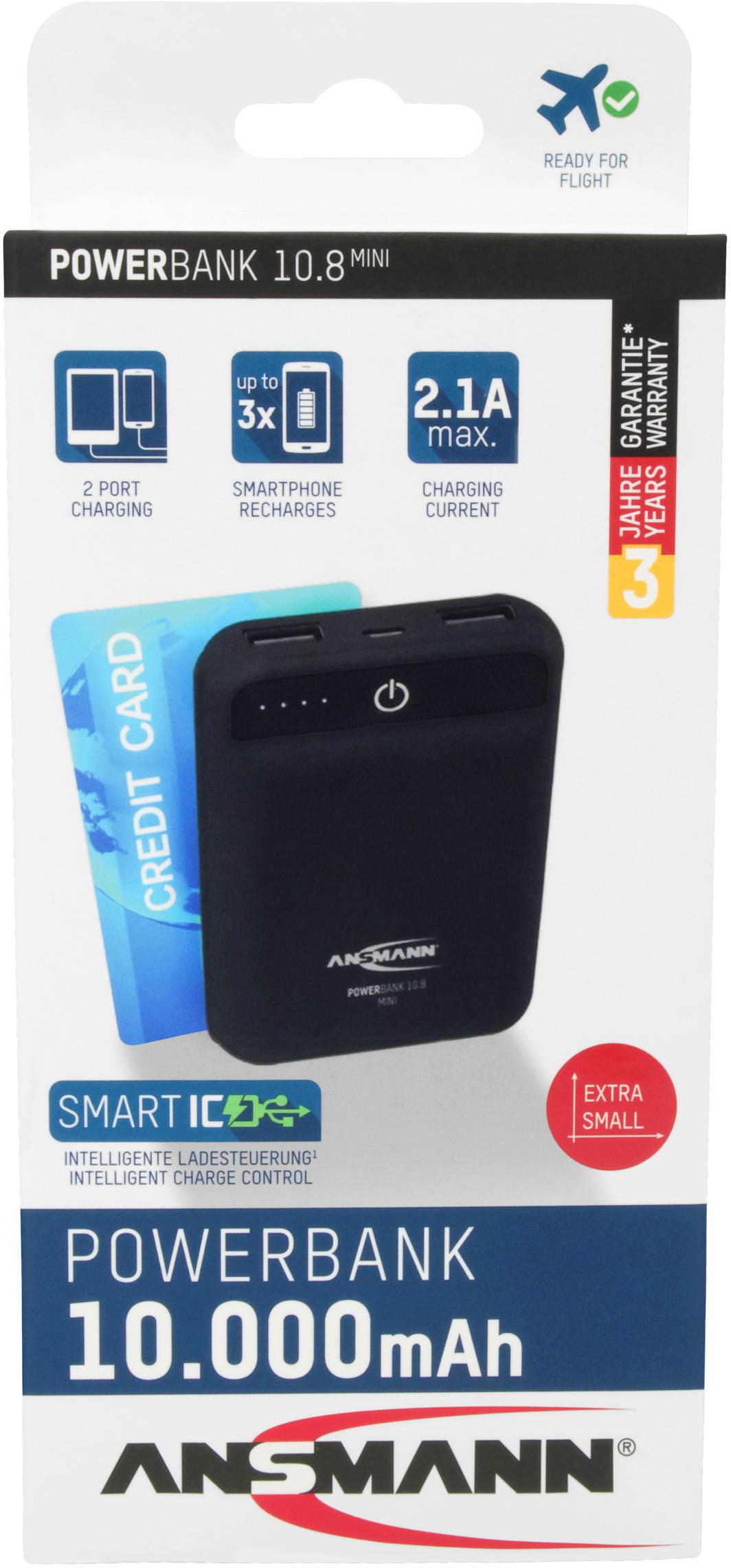 'Powerbank 10.000mAh' Verpackung mit schwarzer Powerbank, Kreditkarte als Größenvergleich, 2,1A max. Ladestrom, 2 Anschlüsse.