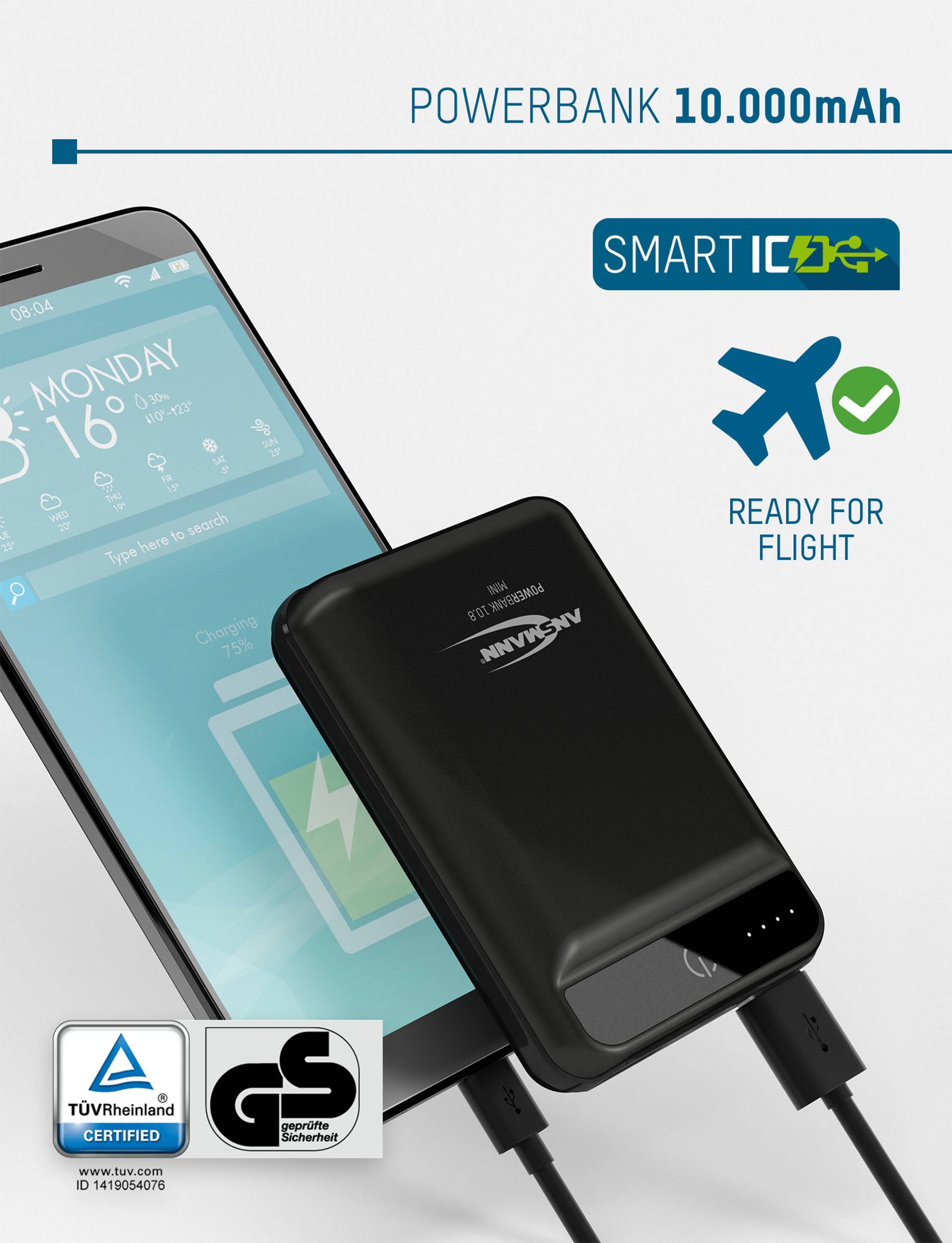 Powerbank mit 10.000 mAh Kapazität und Smart IC Technologie, geeignet für Flüge. TÜV Rheinland zertifiziert. Lädt Smartphone.
