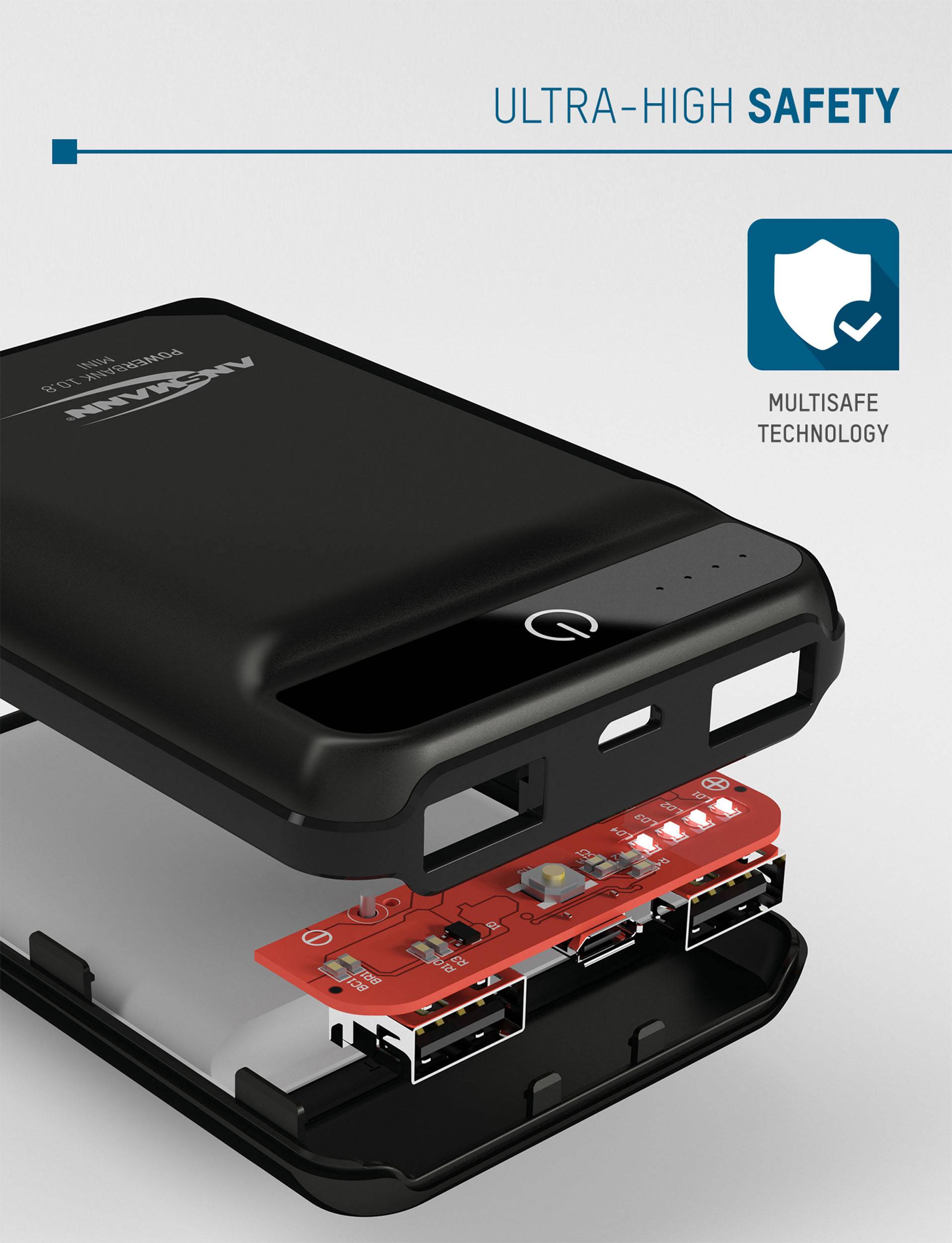 Ein schwarzes Akkuladegerät mit teilweise geöffneter Schale zeigt die interne Schaltung. Daneben steht 'Ultra-High Safety'.