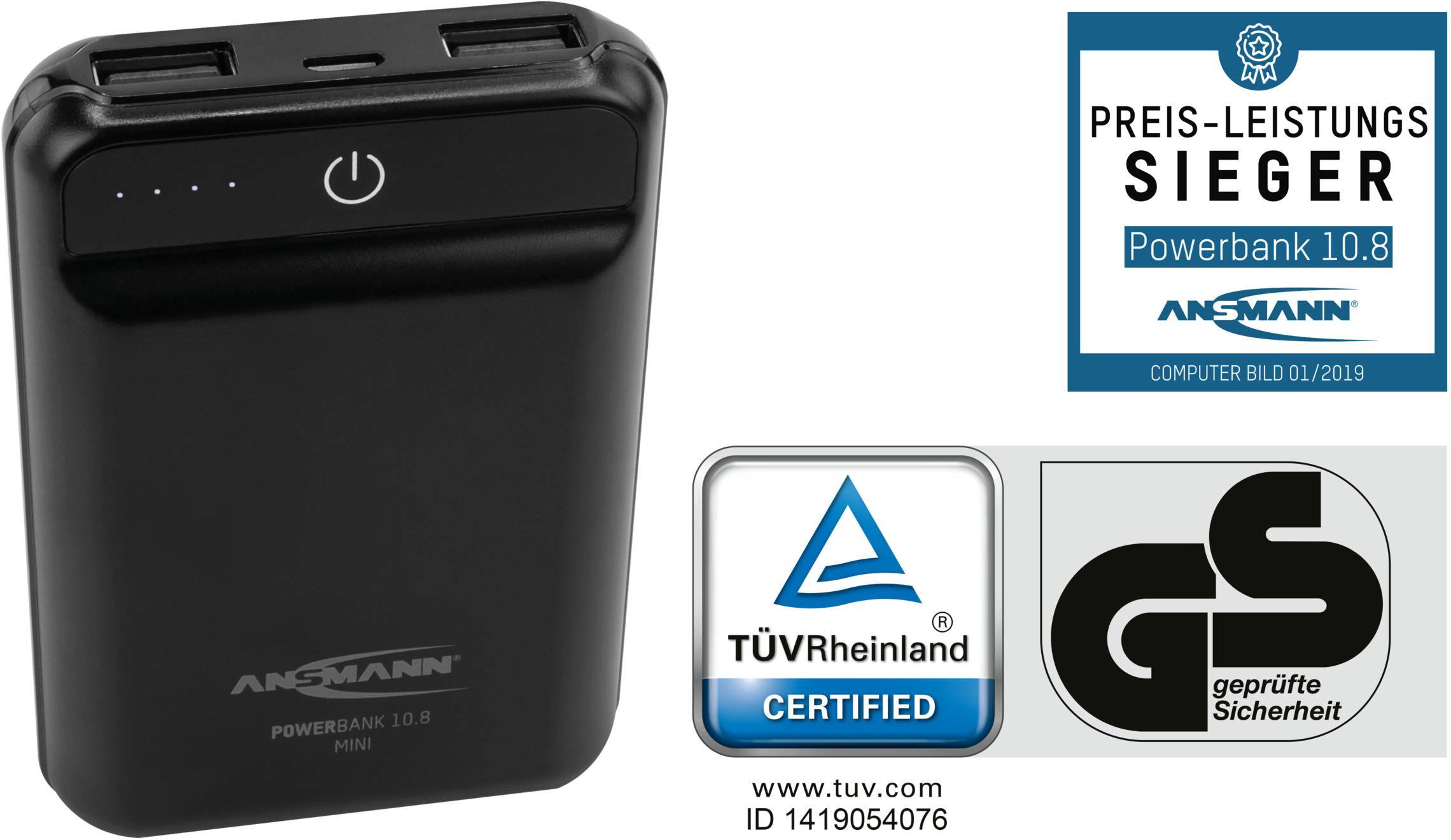 Schwarze Powerbank Ansmann 10.8 mit TÜV Rheinland Zertifizierung und GS-Siegel. Ausgezeichnet als Preis-Leistungs-Sieger von Computer Bild 01/2019.
