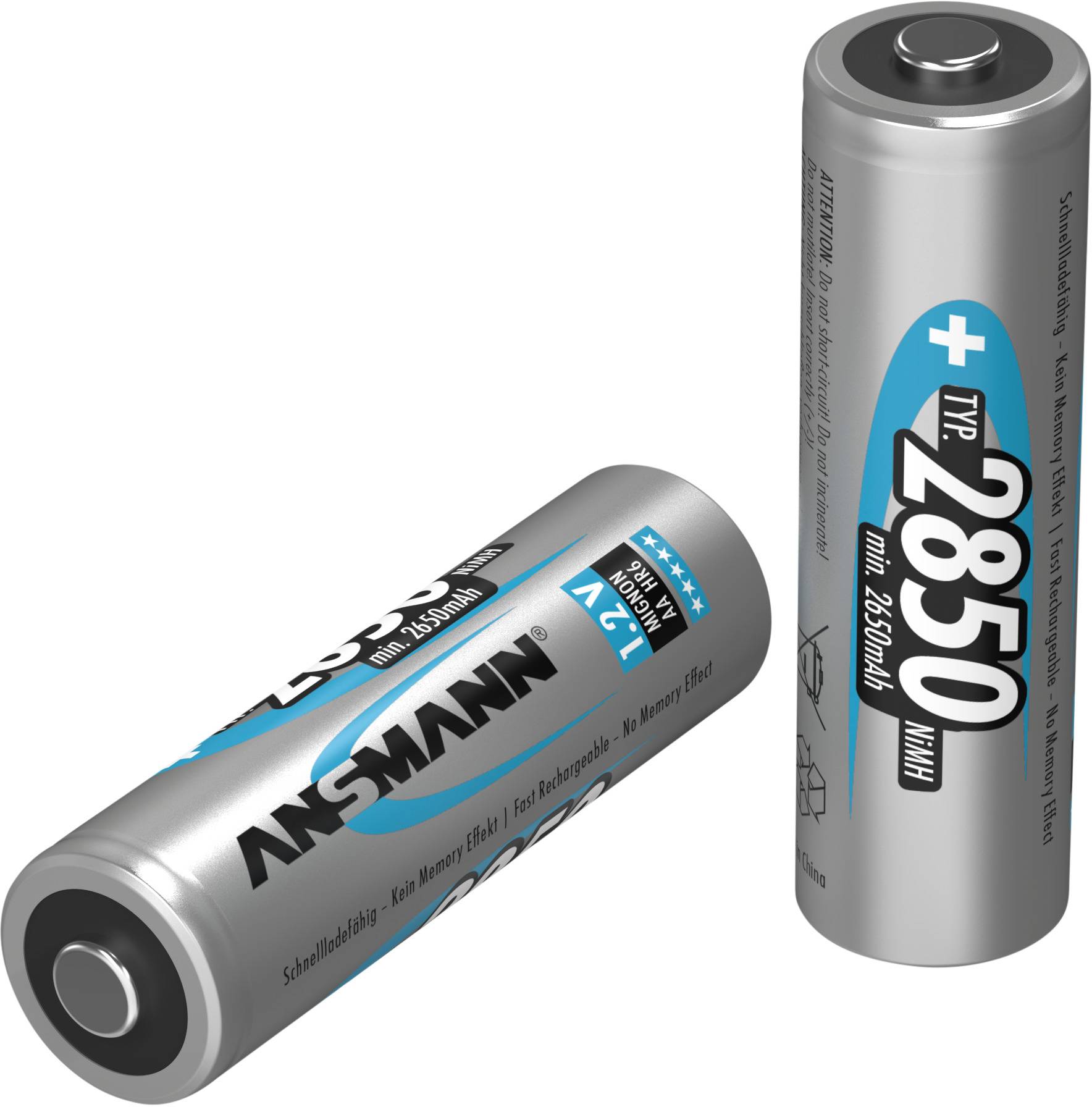 Zwei silberne AA-Batterien der Marke 'Ansmann', eine liegt flach, die andere steht aufrecht. Beide zeigen die Kapazität von 2850 mAh.