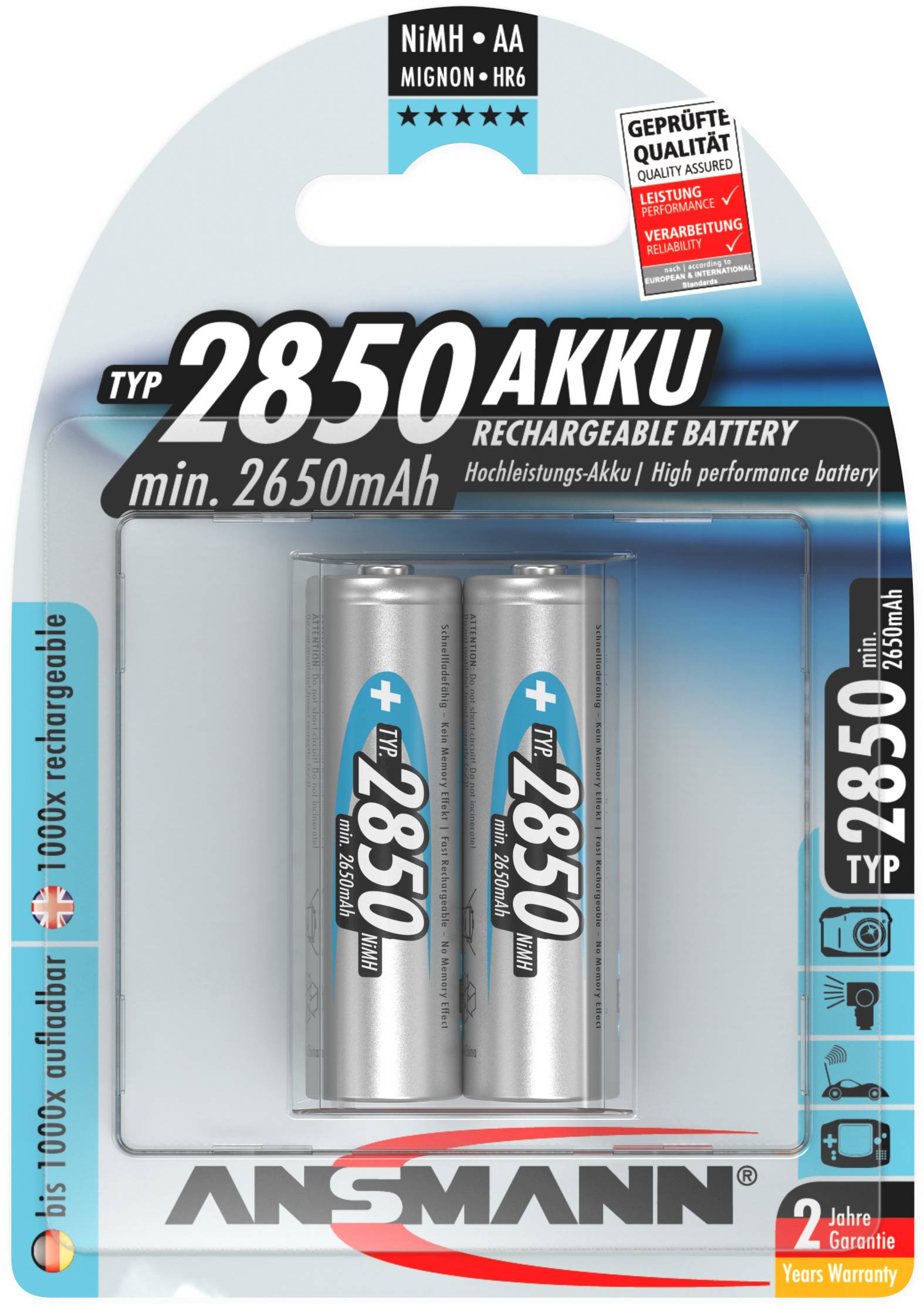 Zwei Ansmann Akkus Typ 2850 NiMH AA mit einer Kapazität von mindestens 2650 mAh in original Verpackung. Zwei Jahre Garantie.