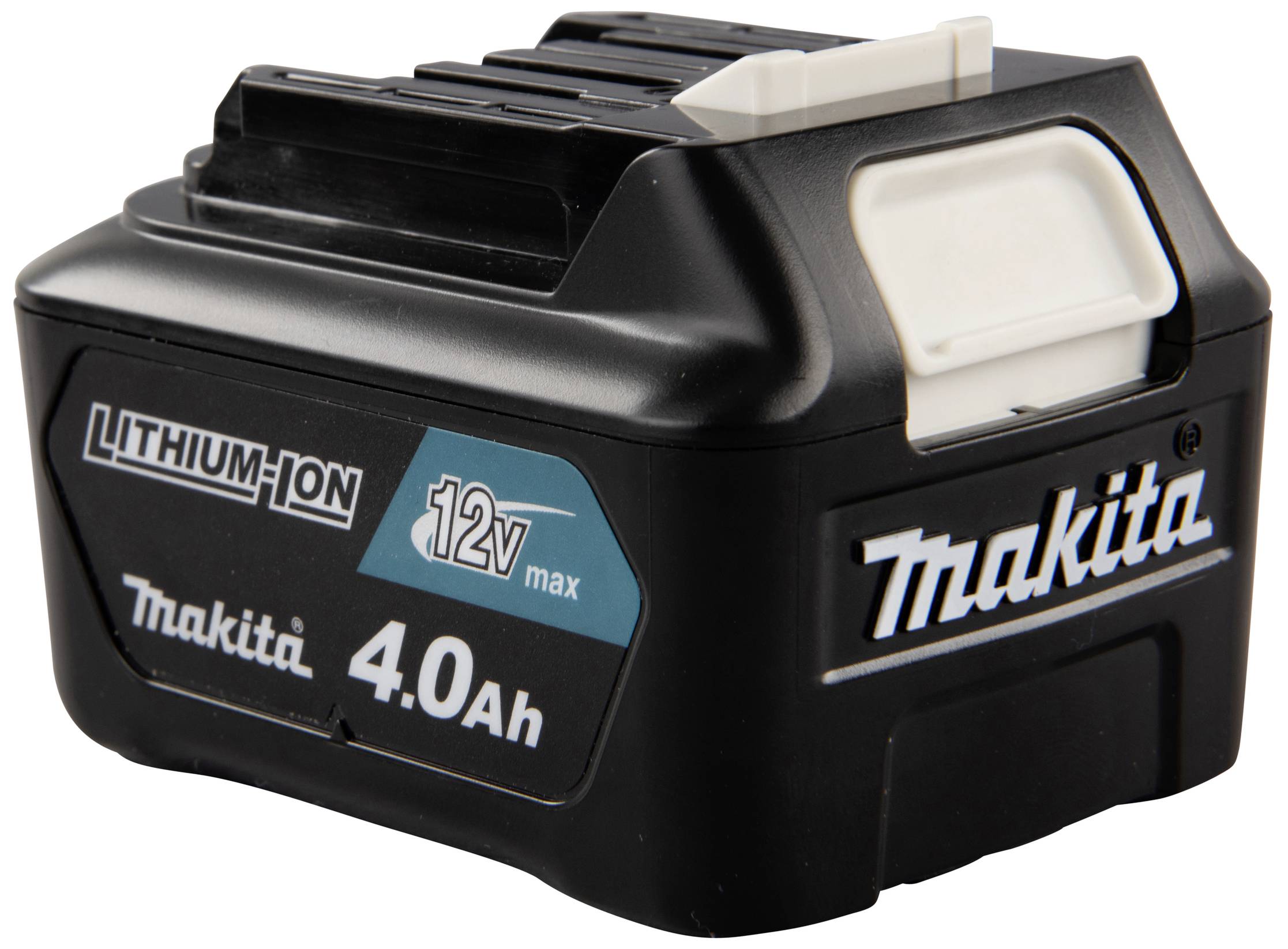 Akku für Elektrowerkzeuge, 12V, 4,0Ah, Marke 'Makita', Lithium-Ionen-Technologie, schwarzes Gehäuse mit weißem Verschluss.