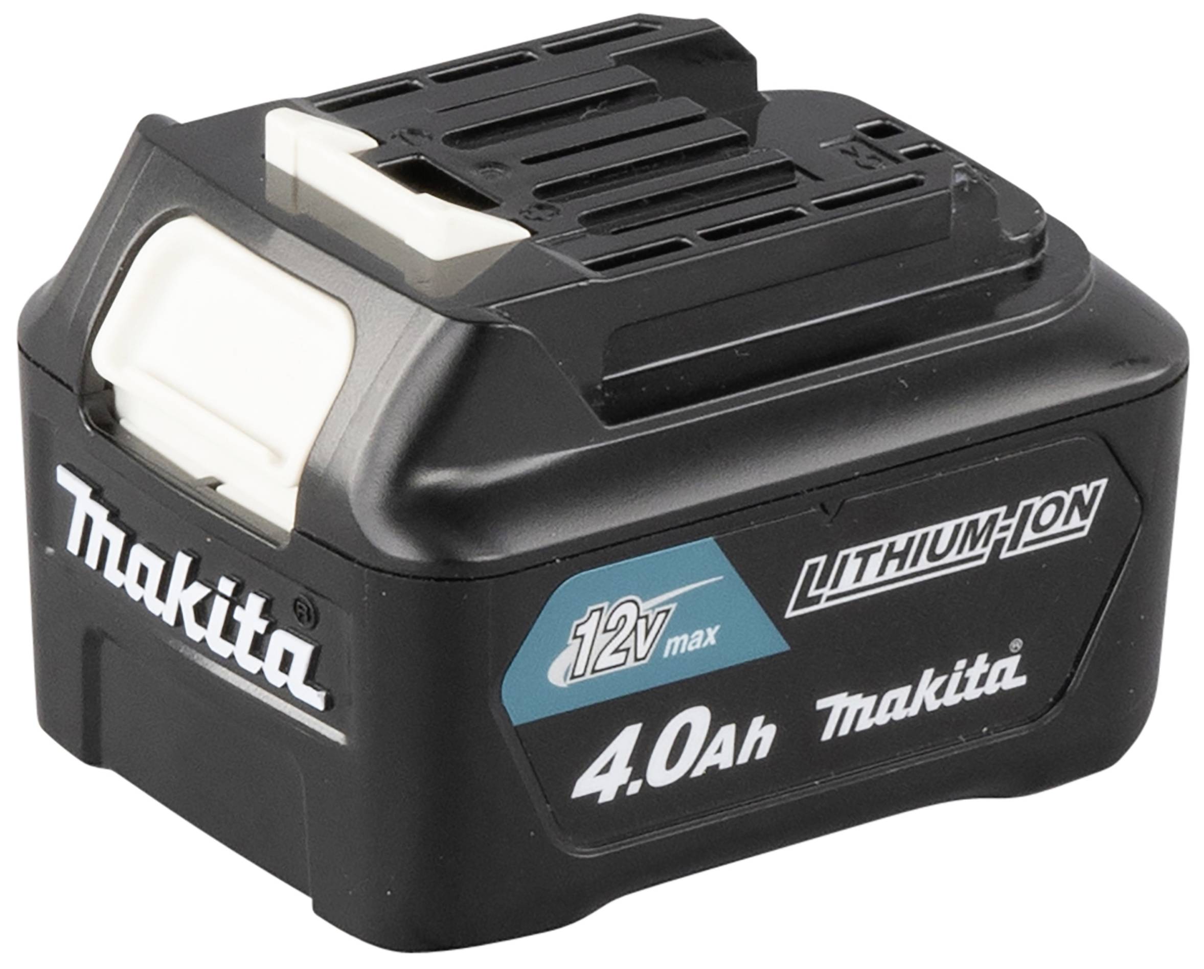 Lithium-Ionen-Akku, 12V max, 4.0Ah, Marke 'Makita', schwarzes Gehäuse mit weißen und blauen Markierungen.