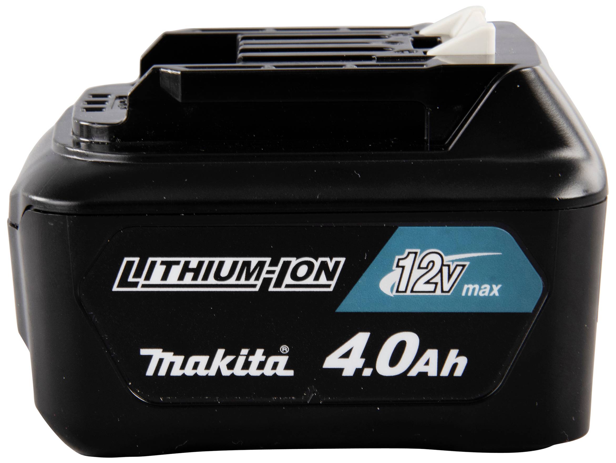 Schwarzer Makita 12V Lithium-Ionen-Akku mit 4,0 Ah.